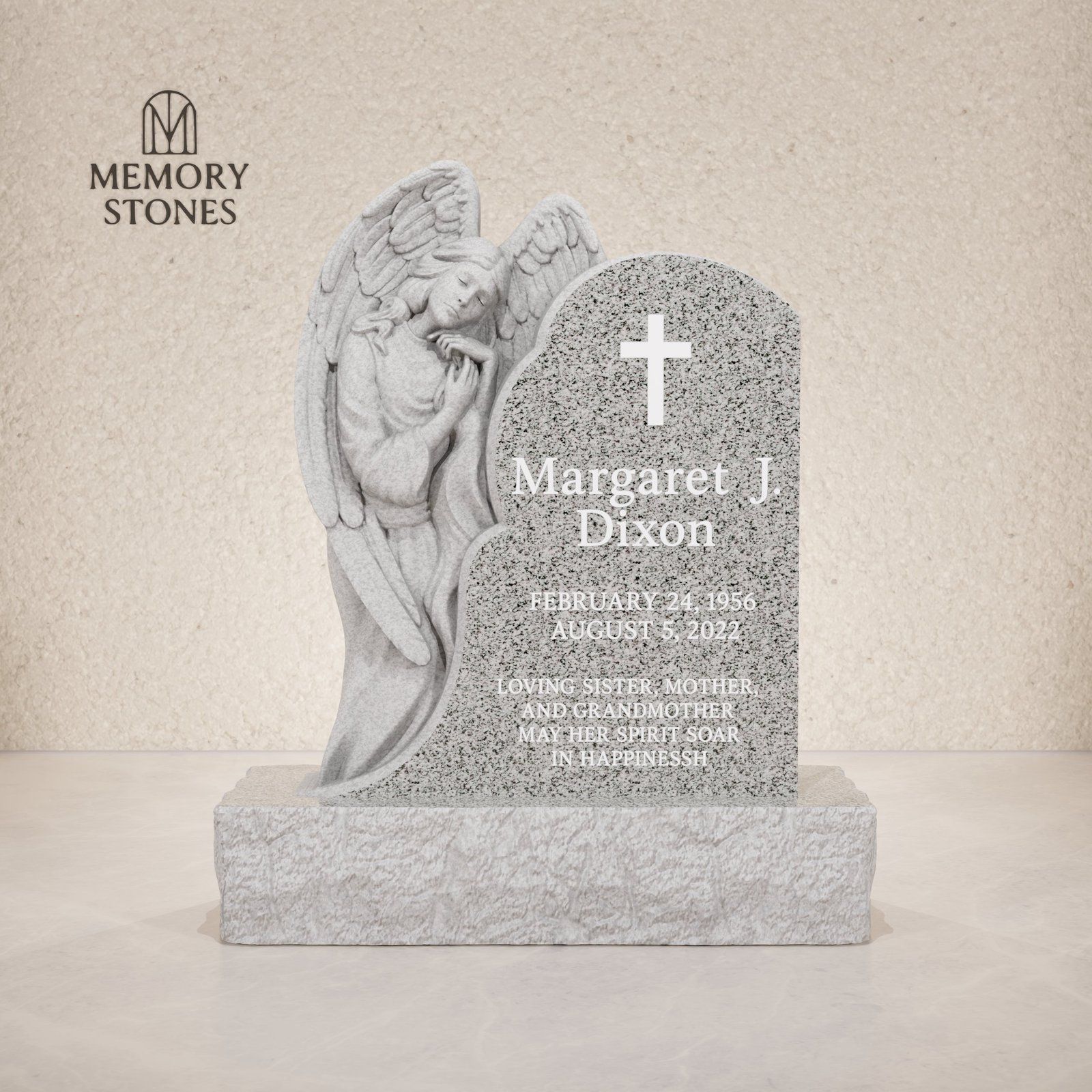 Angel Sculpted Upright Granite Headstone view 2