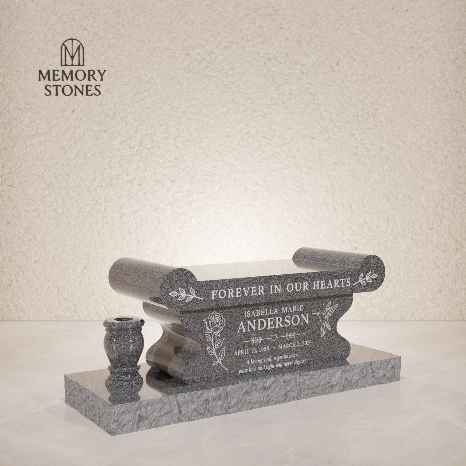 Scroll-End Granite Memorial Bench with Vase