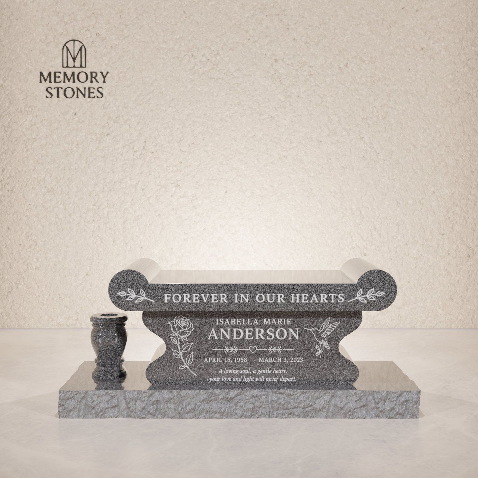 Scroll-End Granite Memorial Bench with Vase view 2