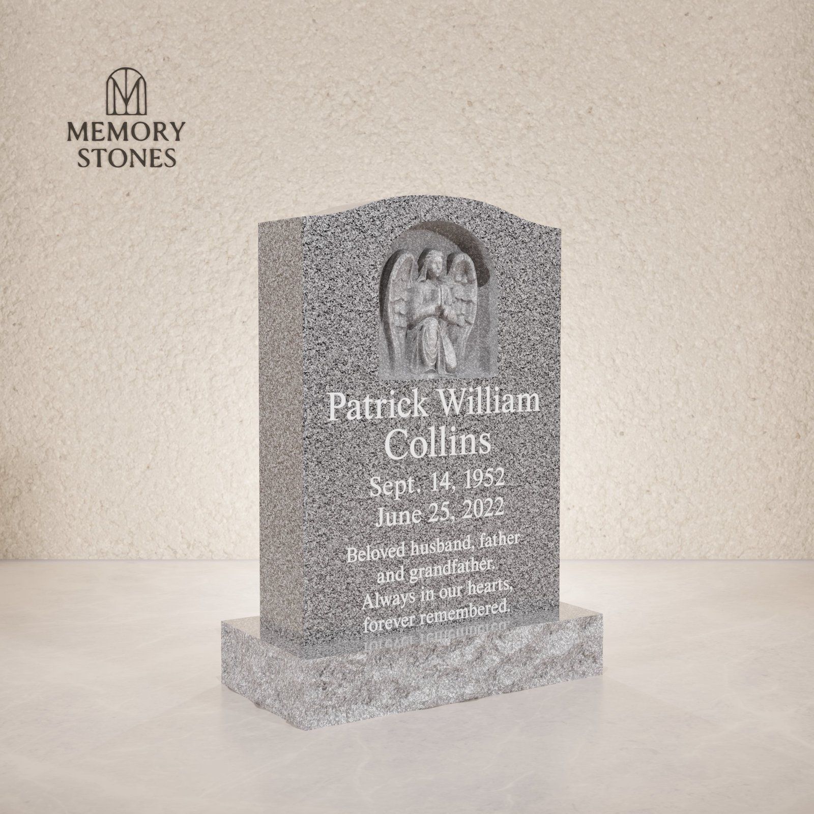 Praying Angel Relief Upright Granite Headstone