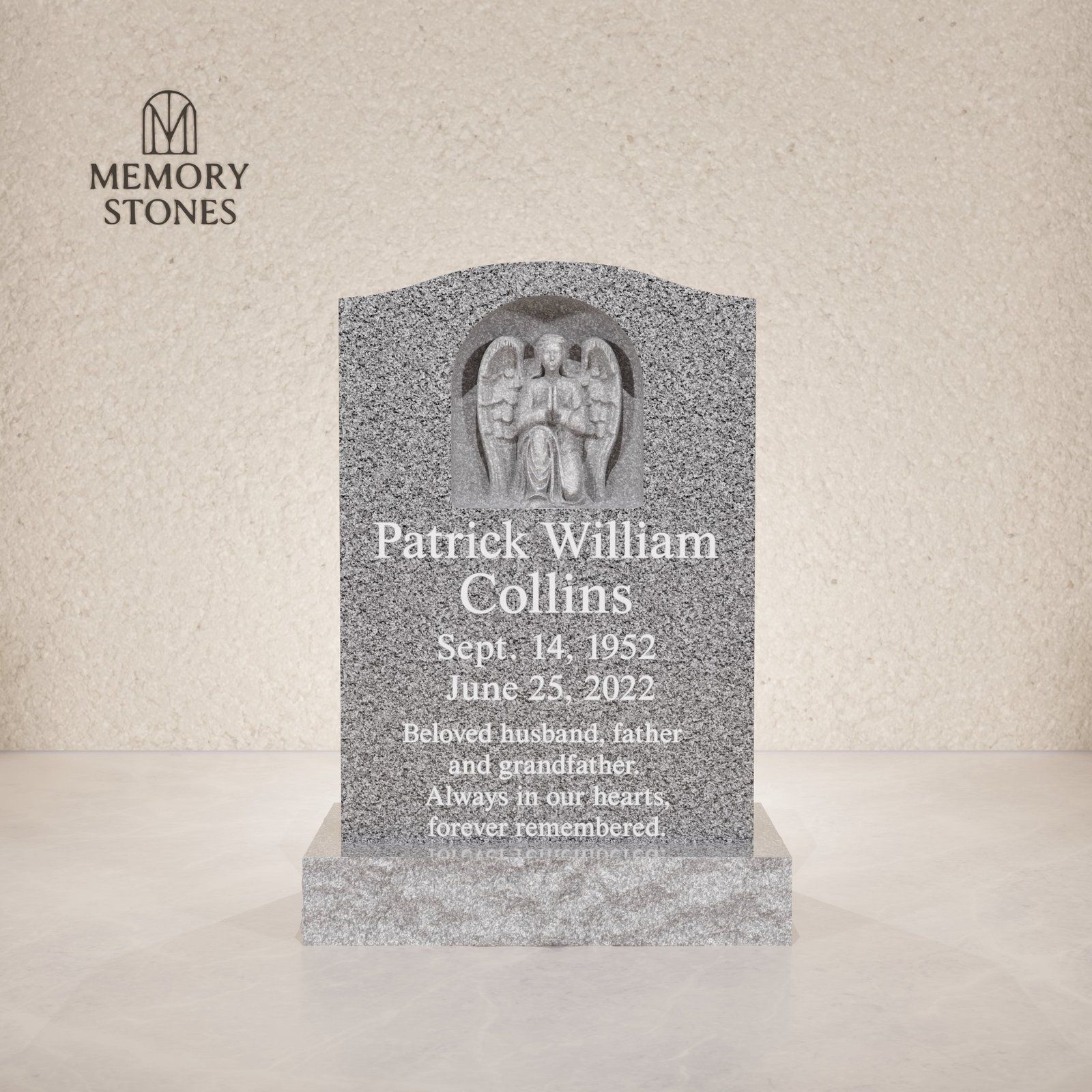 Praying Angel Relief Upright Granite Headstone view 2