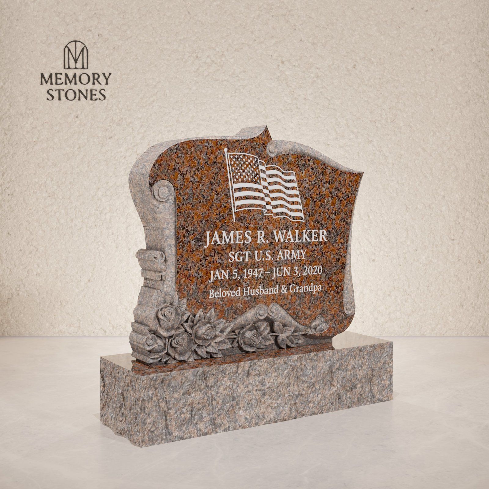Scroll-Shaped Granite Headstone with Carved Roses