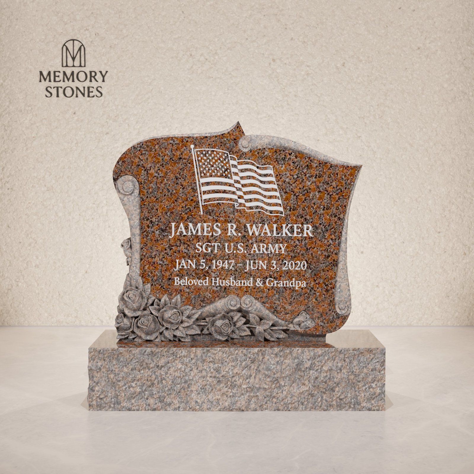 Scroll-Shaped Granite Headstone with Carved Roses view 2