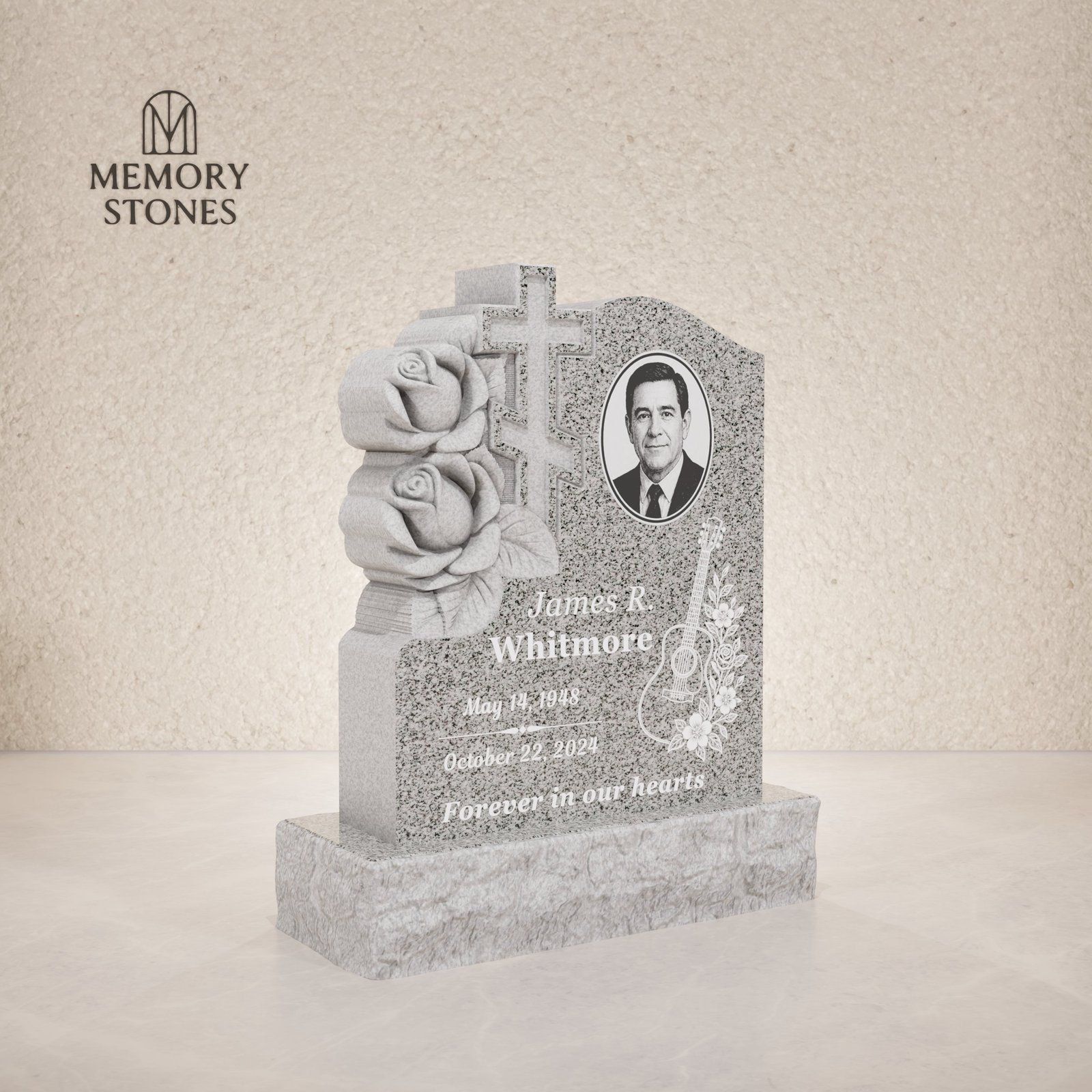Cross & Rose Carved Upright Granite Headstone