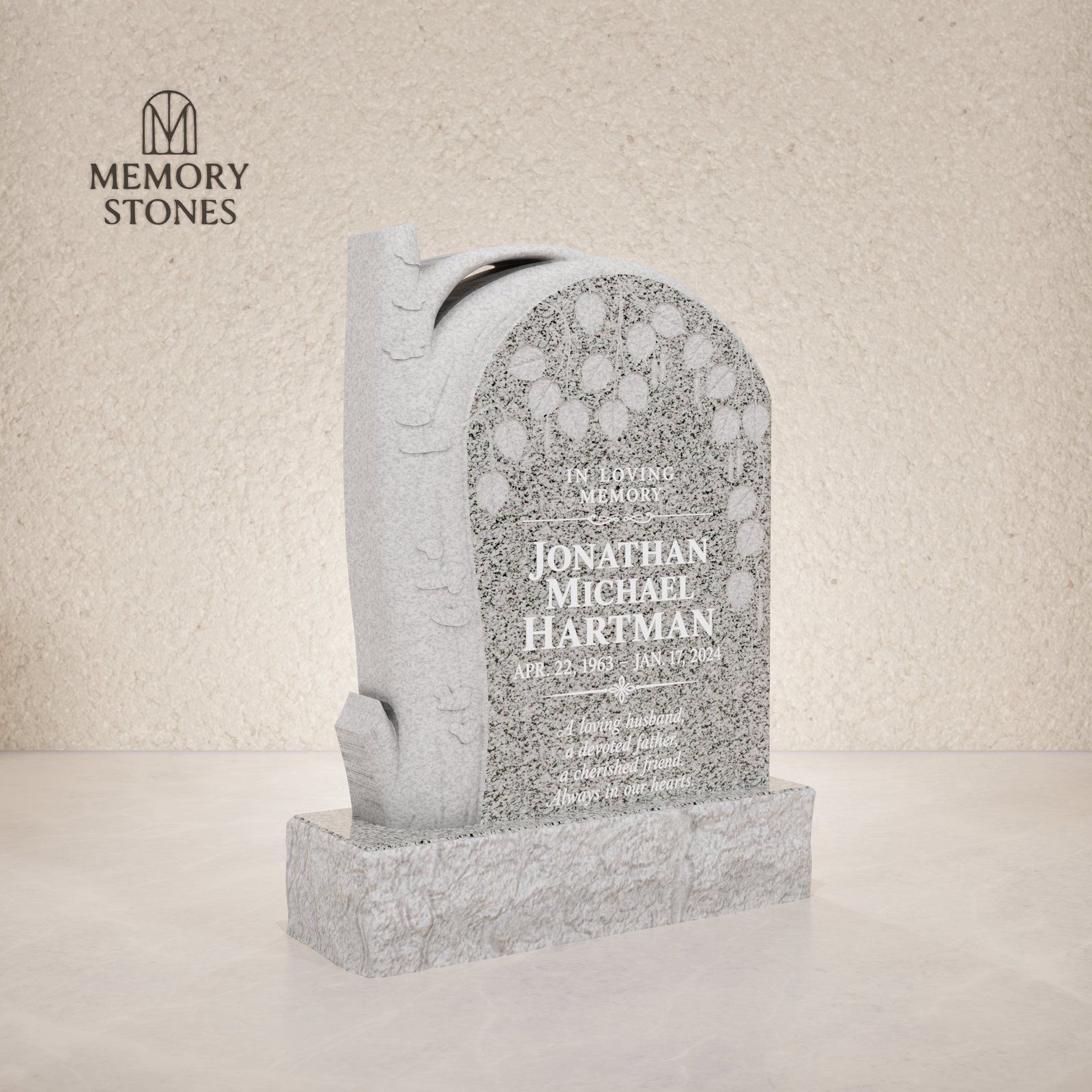 Tree Shape Granite Headstone with Leaf Carving 18 x 4 x 22