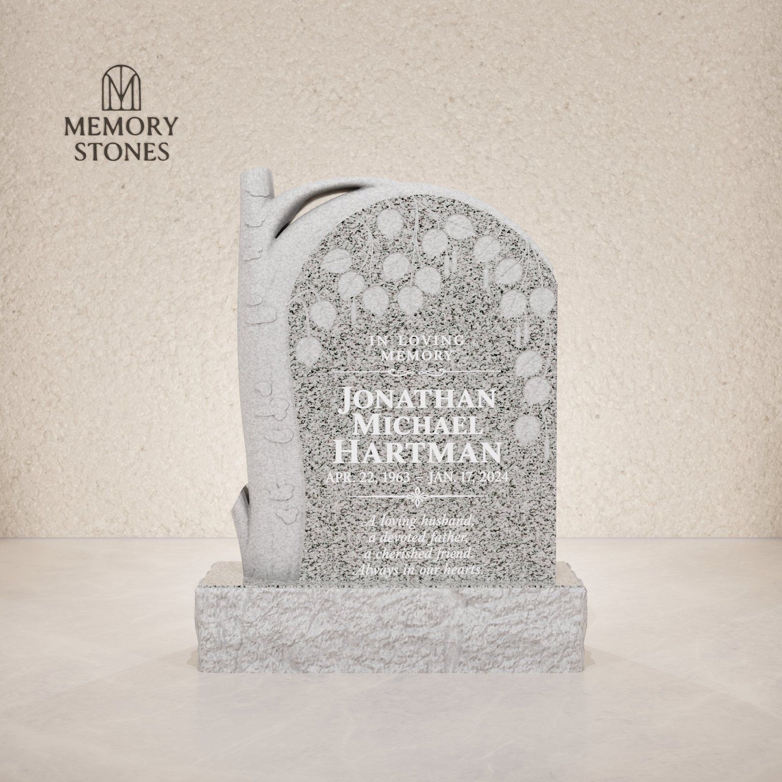 Tree Shape Granite Headstone with Leaf Carving 18 x 4 x 22 view 2