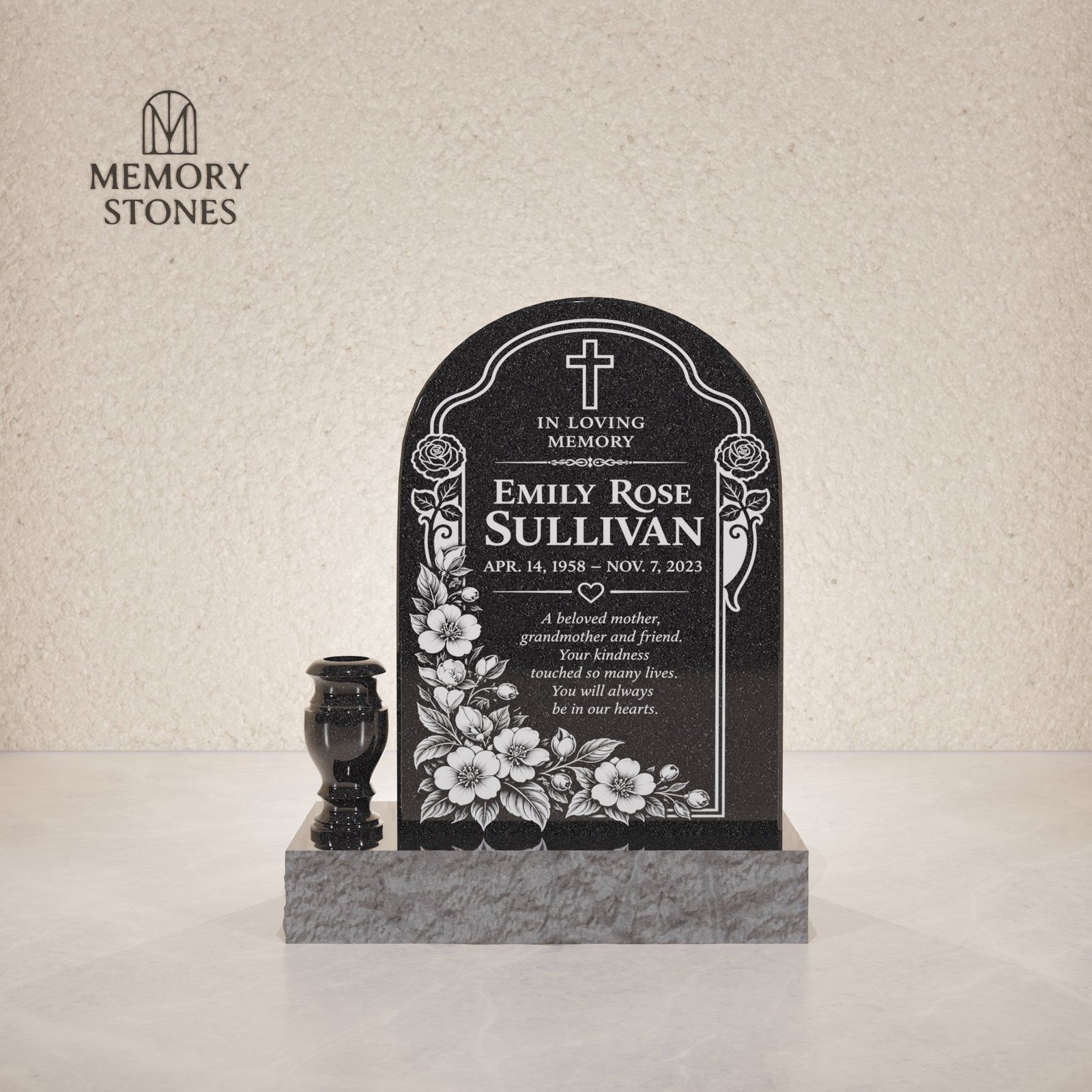 Arched Top Upright Granite Headstone view 2