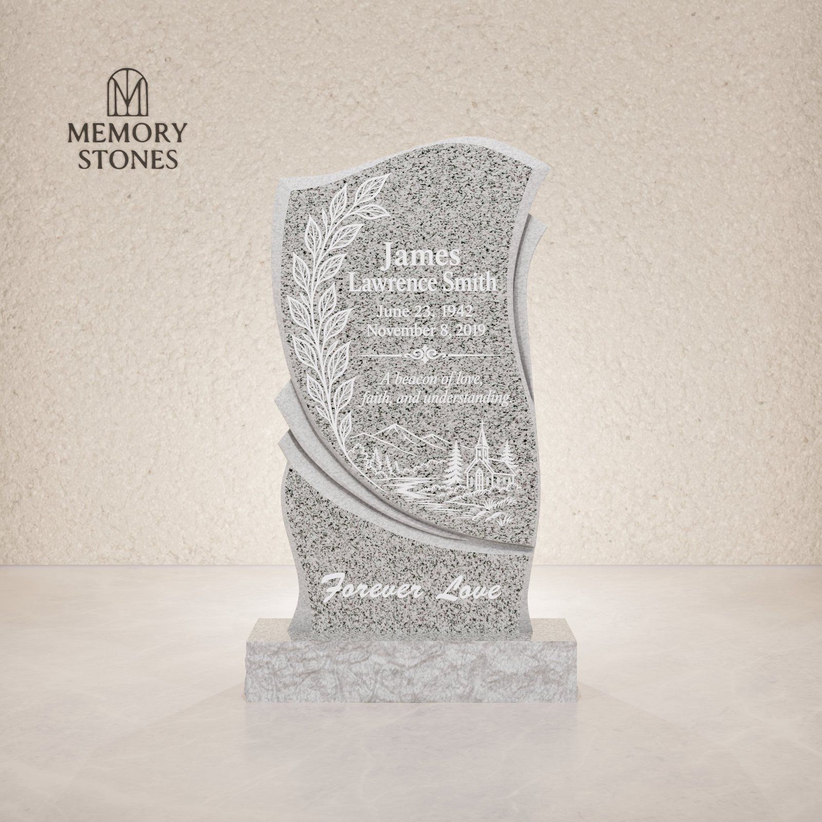 Modern Wave Shape Upright Granite Headstone view 2