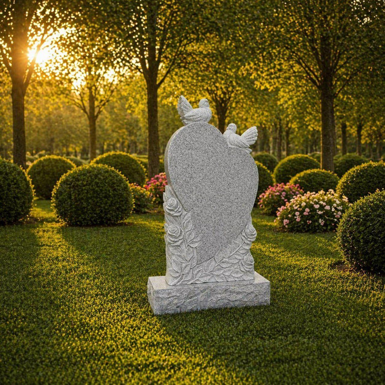 Heart-Shaped Headstone with Sculpted Doves and Roses