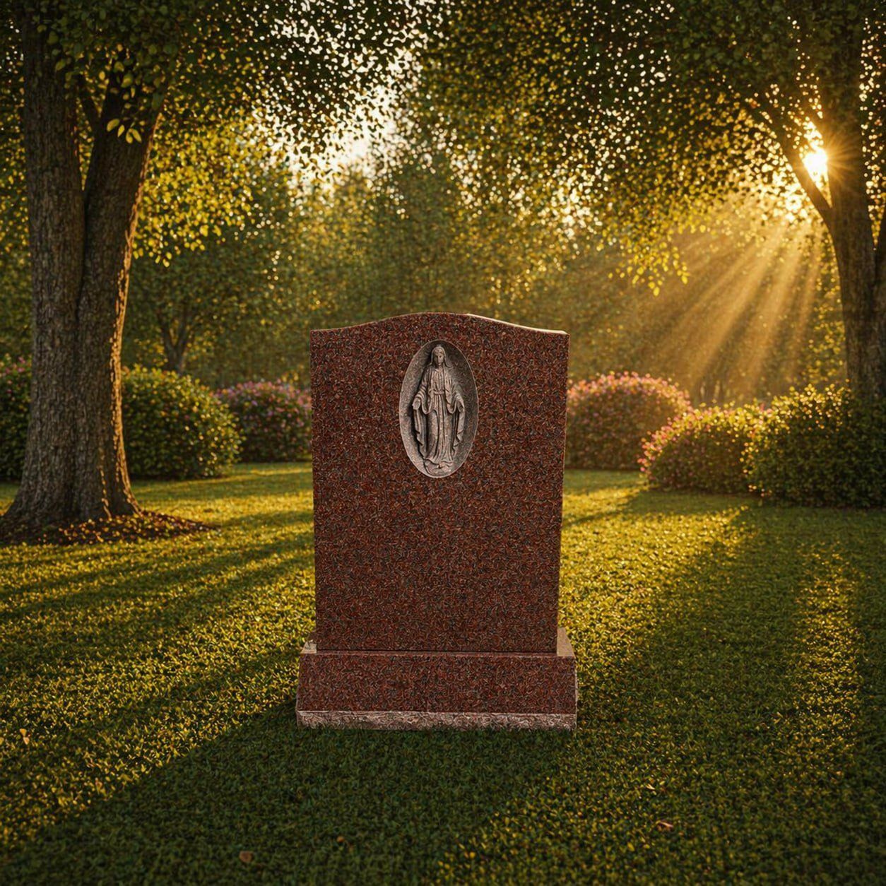 Madonna Oval Relief Upright Granite Headstone
