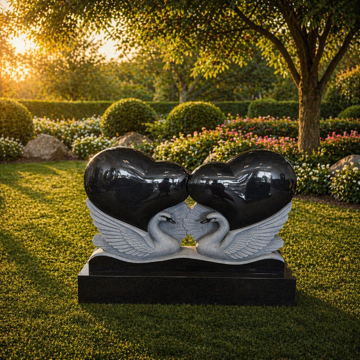 Double Heart Companion Granite Headstone with Swans