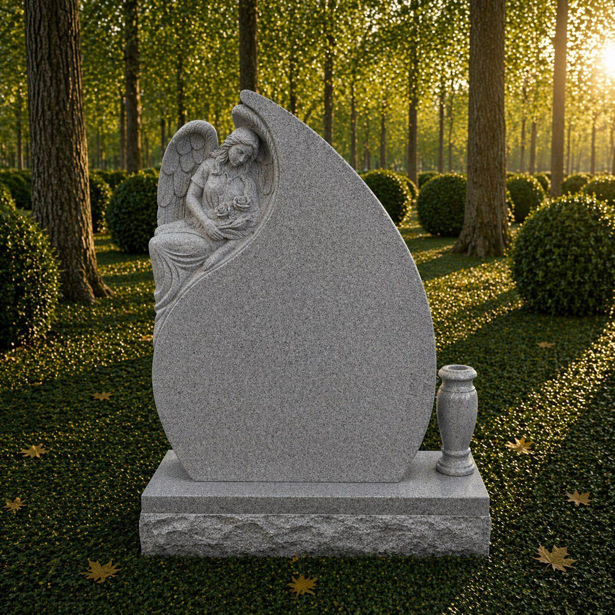 Angel Carved Upright Granite Headstone with Vase