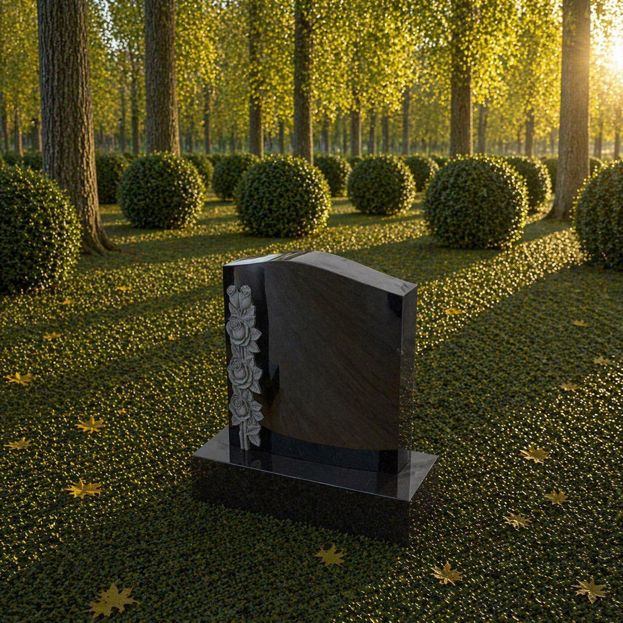 Upright Granite Headstone with Floral Carving