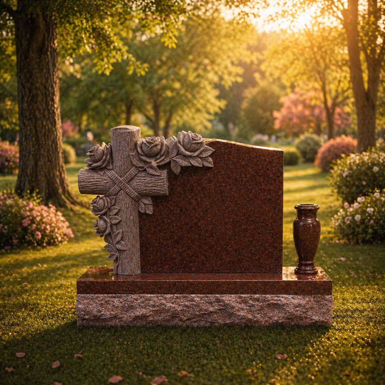Granite Upright Headstone with Cross and Roses