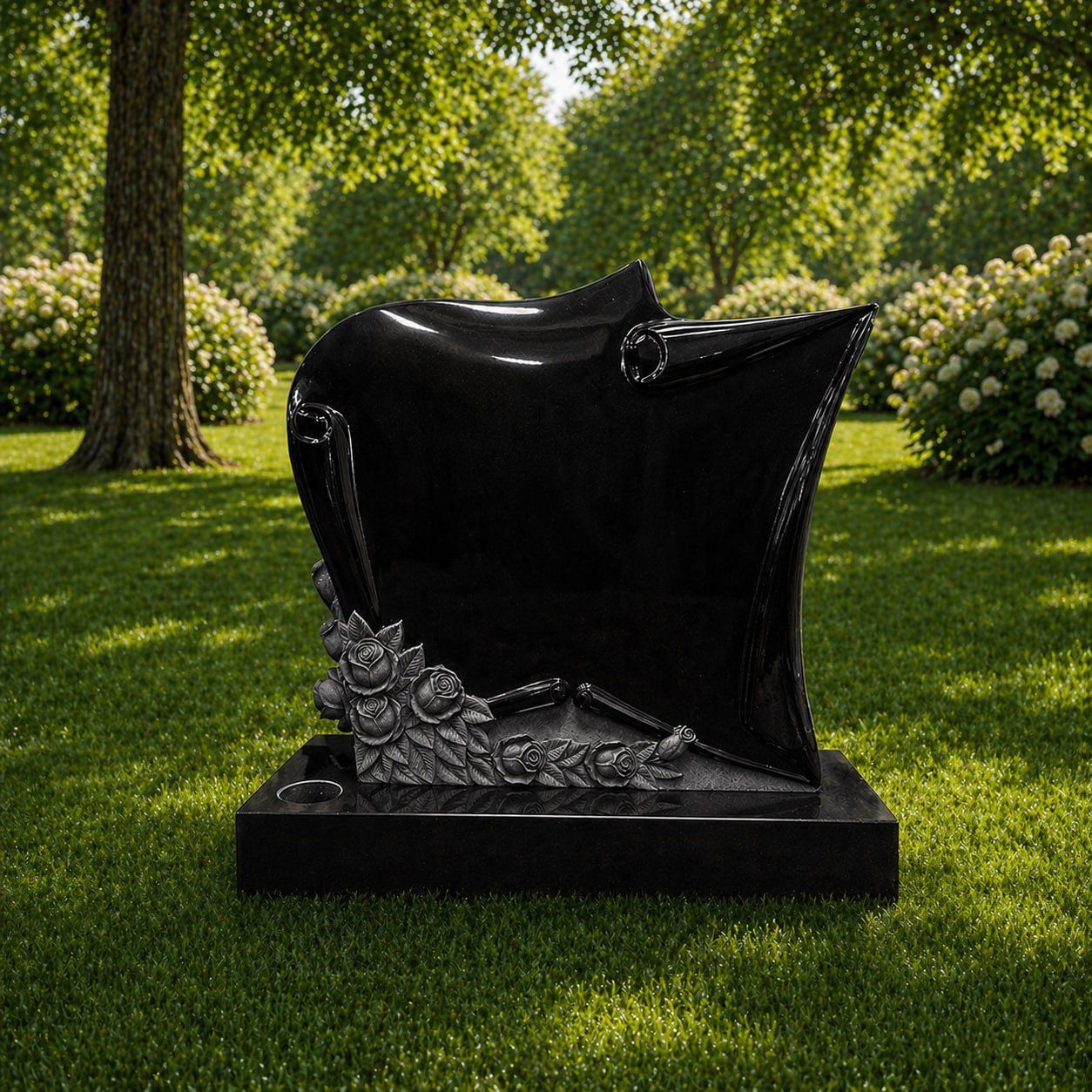 Scroll Top Upright Granite Headstone with Rose Carving