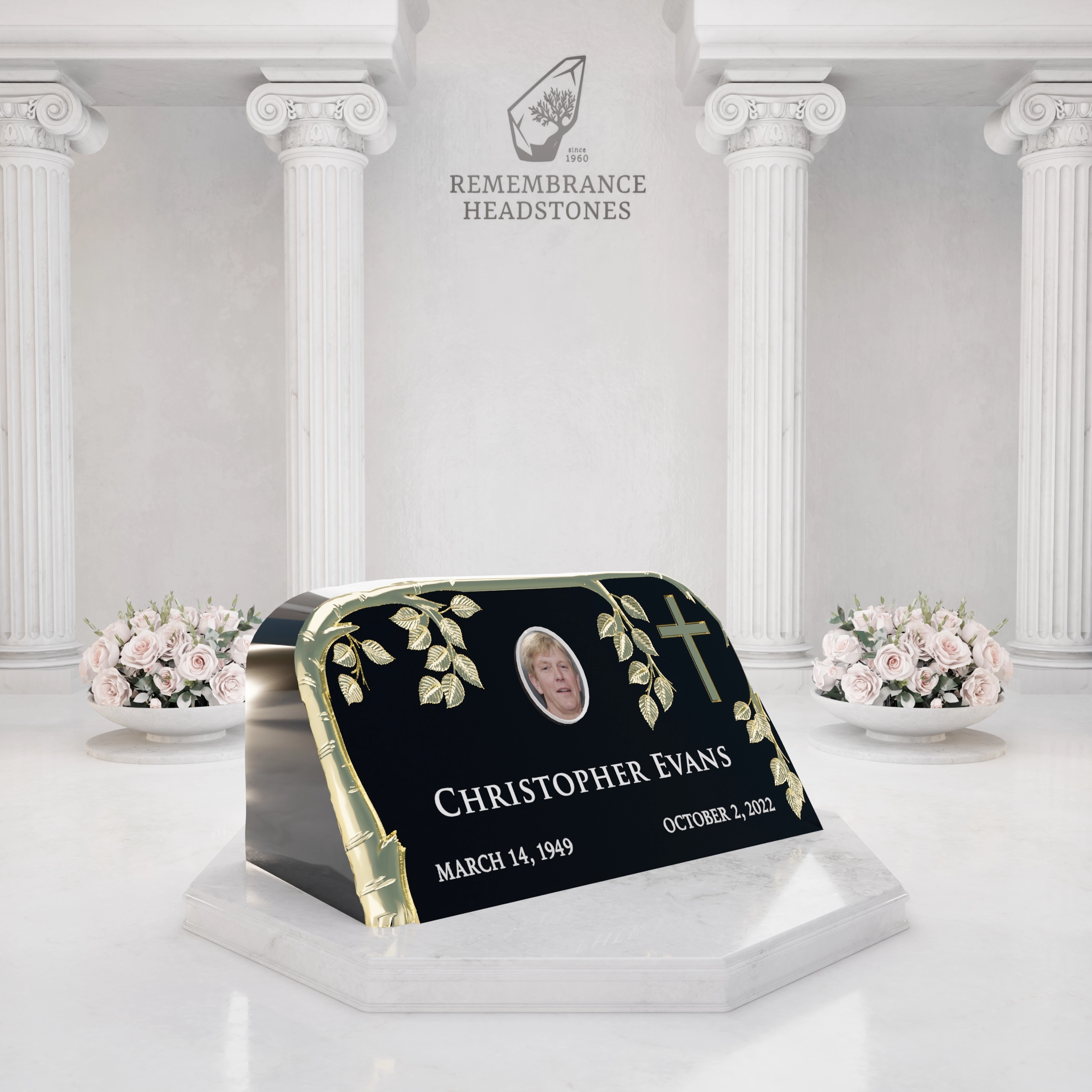 Luxury Slant Granite Headstone with Sculpted Vine & Cross view 2