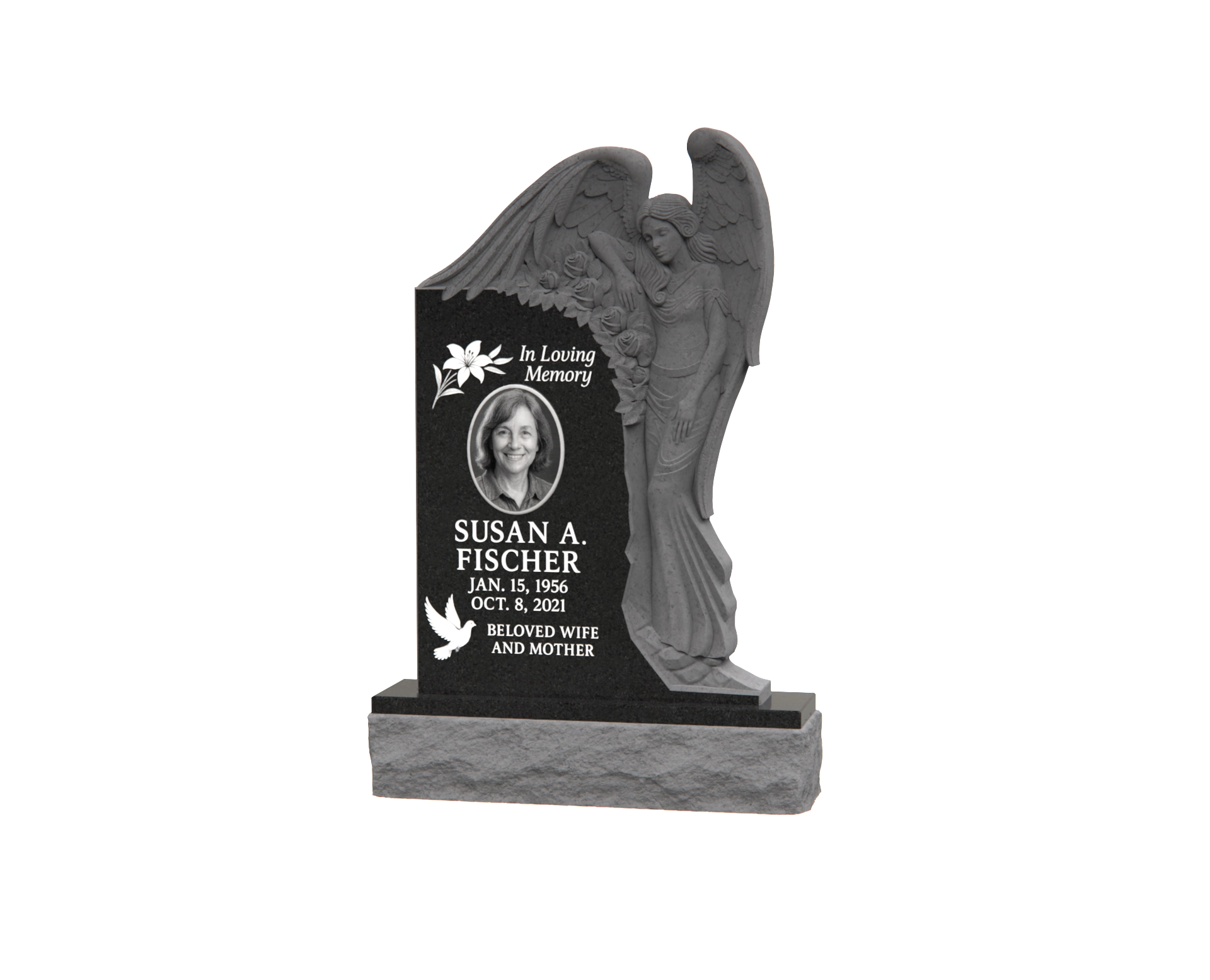 Luxury Upright Granite Monument — Guardian Angel Relief & Photo Cameo