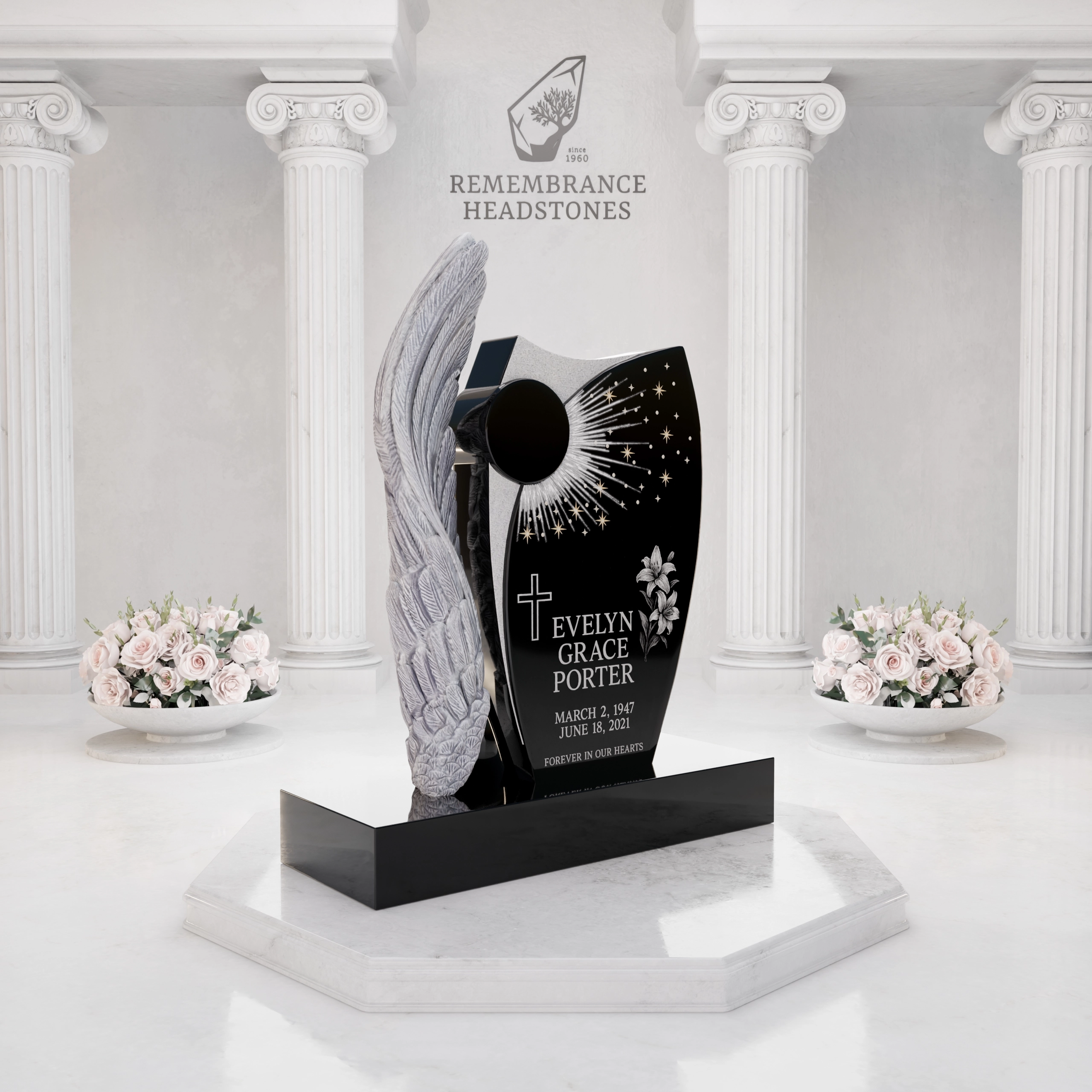 Luxury Upright Monument With Angel Wing, Crystals, and Starburst Design view 2