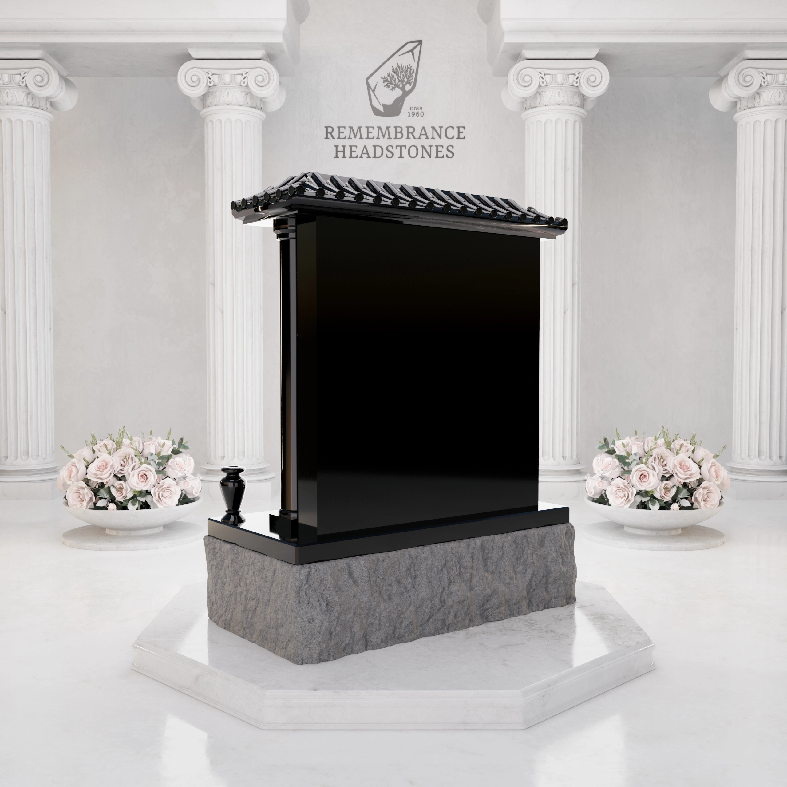 Lux Pagoda-Style Upright Granite Headstone with Columns, Crane & Blossoms view 5