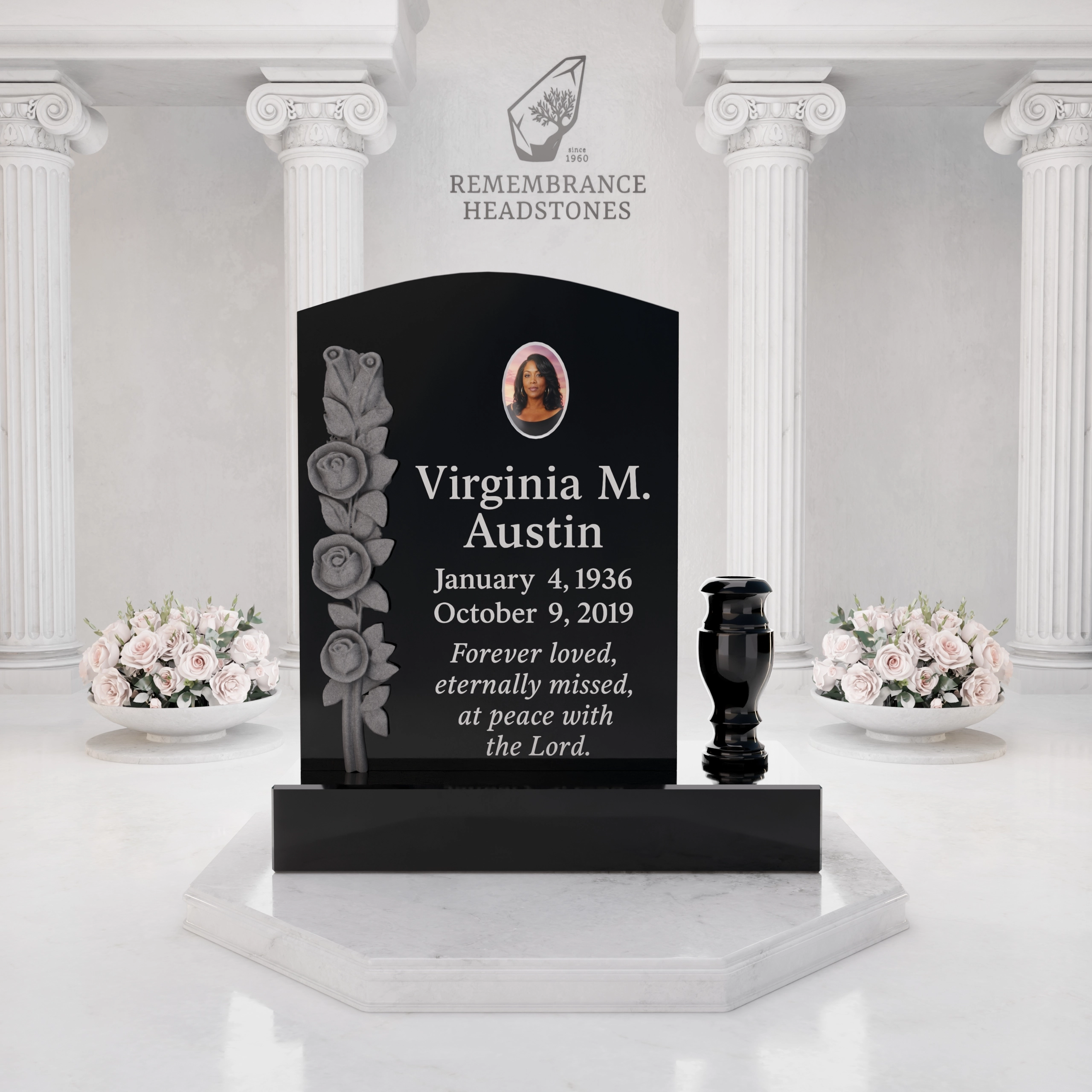 Luxury Upright Granite Headstone with Cross, Carved Roses & Vase