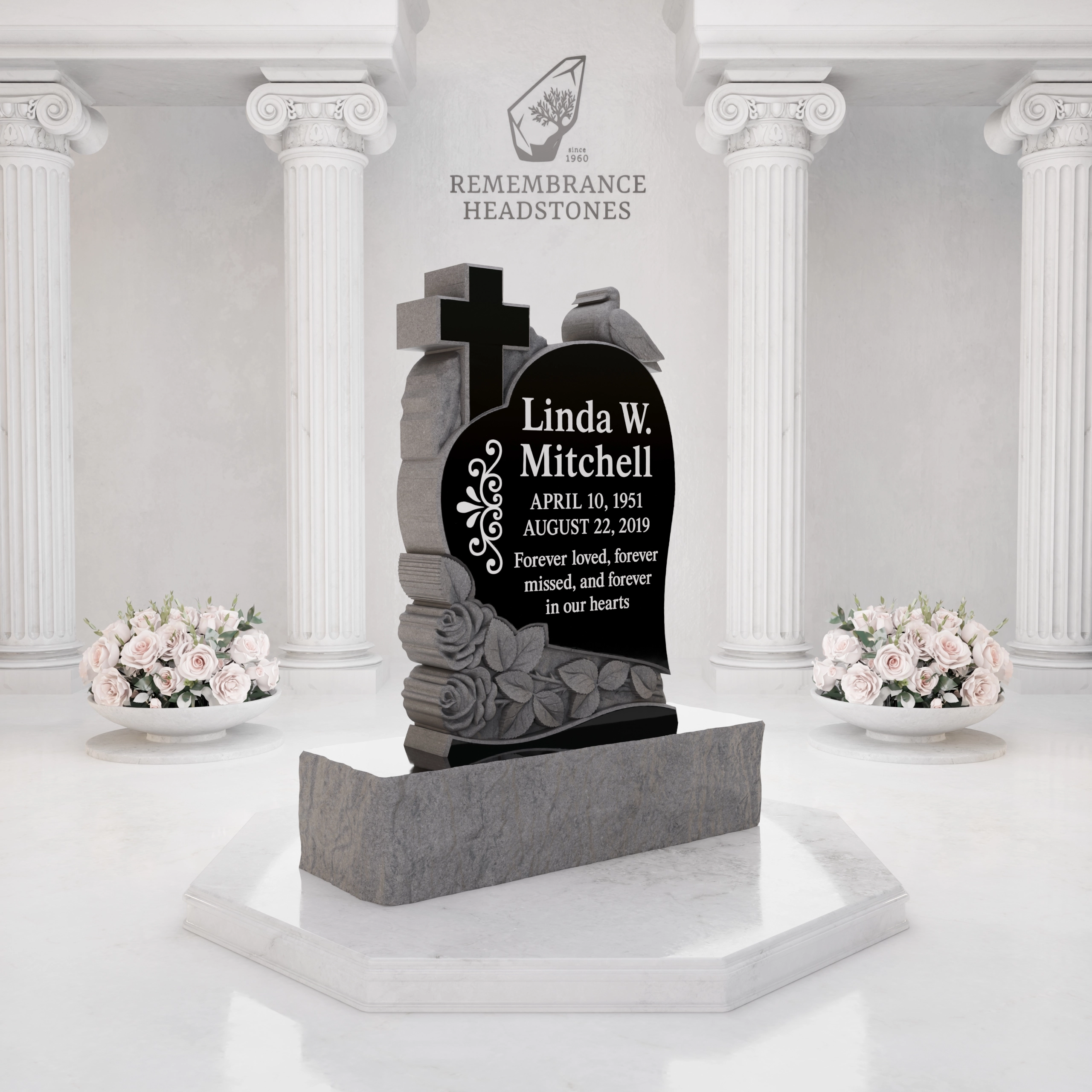 Premium Special-Shape Granite Headstone — Heart Silhouette with Cross, Dove & Roses view 2