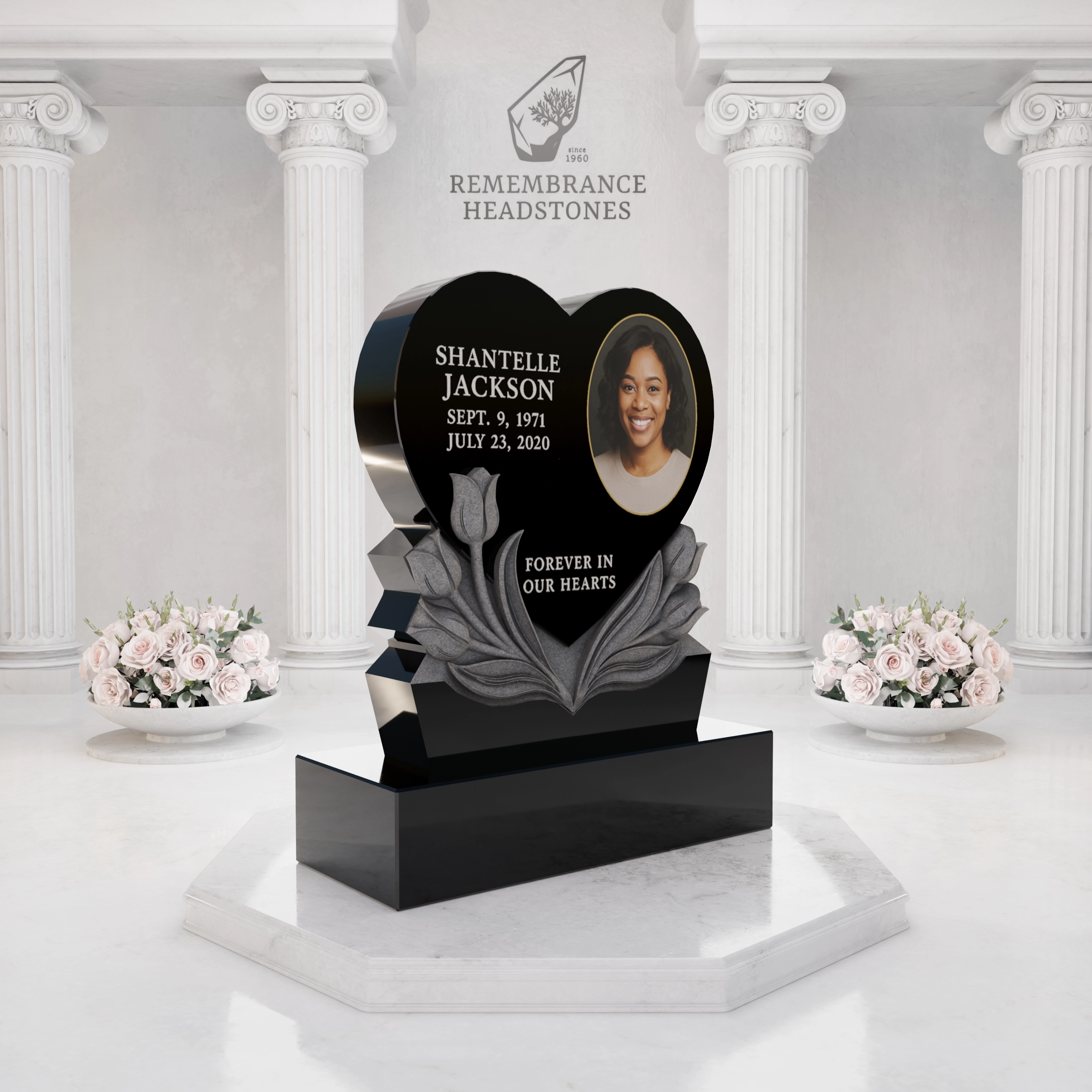 Premium Heart Shape Memorial with Sculpted Tulips & Portrait Medallion view 2