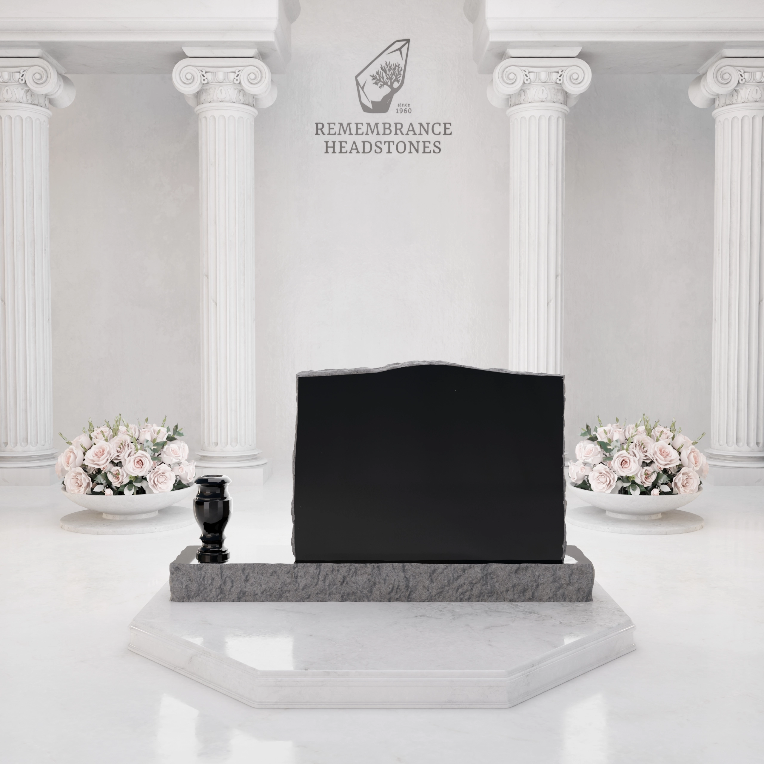 Premium Slant Granite Headstone with Rock-Pitched Edge, Rose Motif & Vase view 4