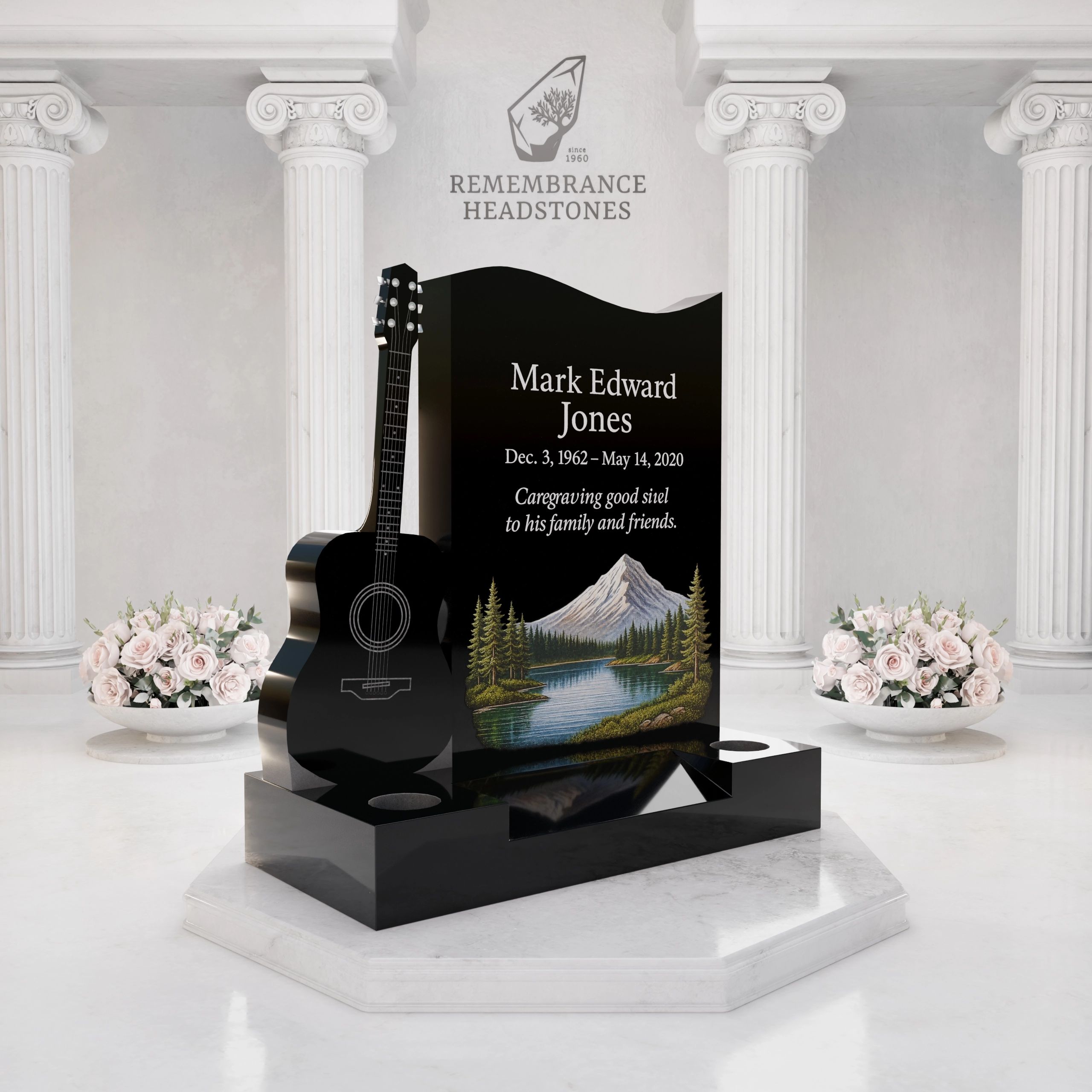 Luxury Upright Granite Headstone with Guitar Sculpture in Elite Artisan Granite view 2
