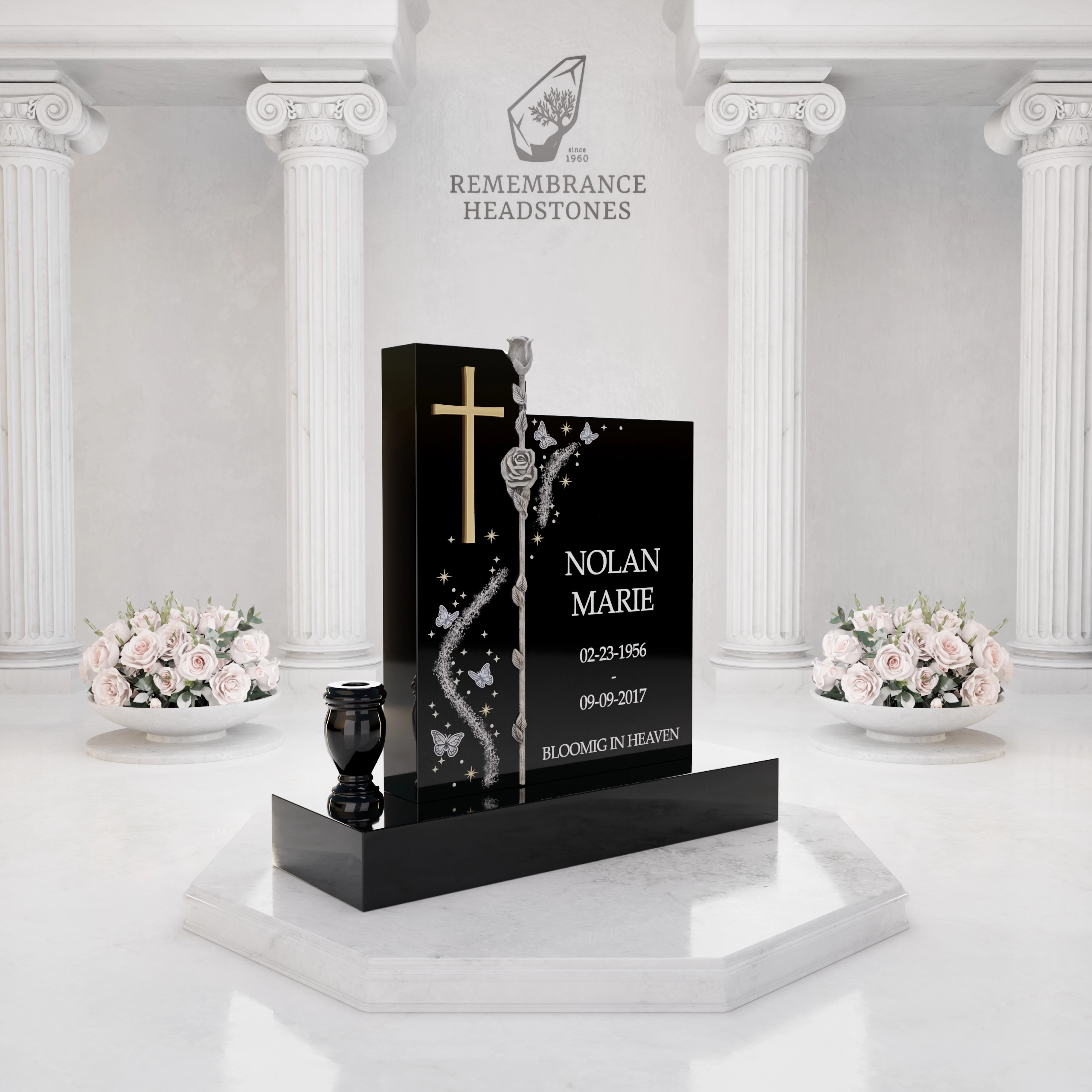 Luxury Upright Headstone with Cross, Rose Column & Heart Motif view 2