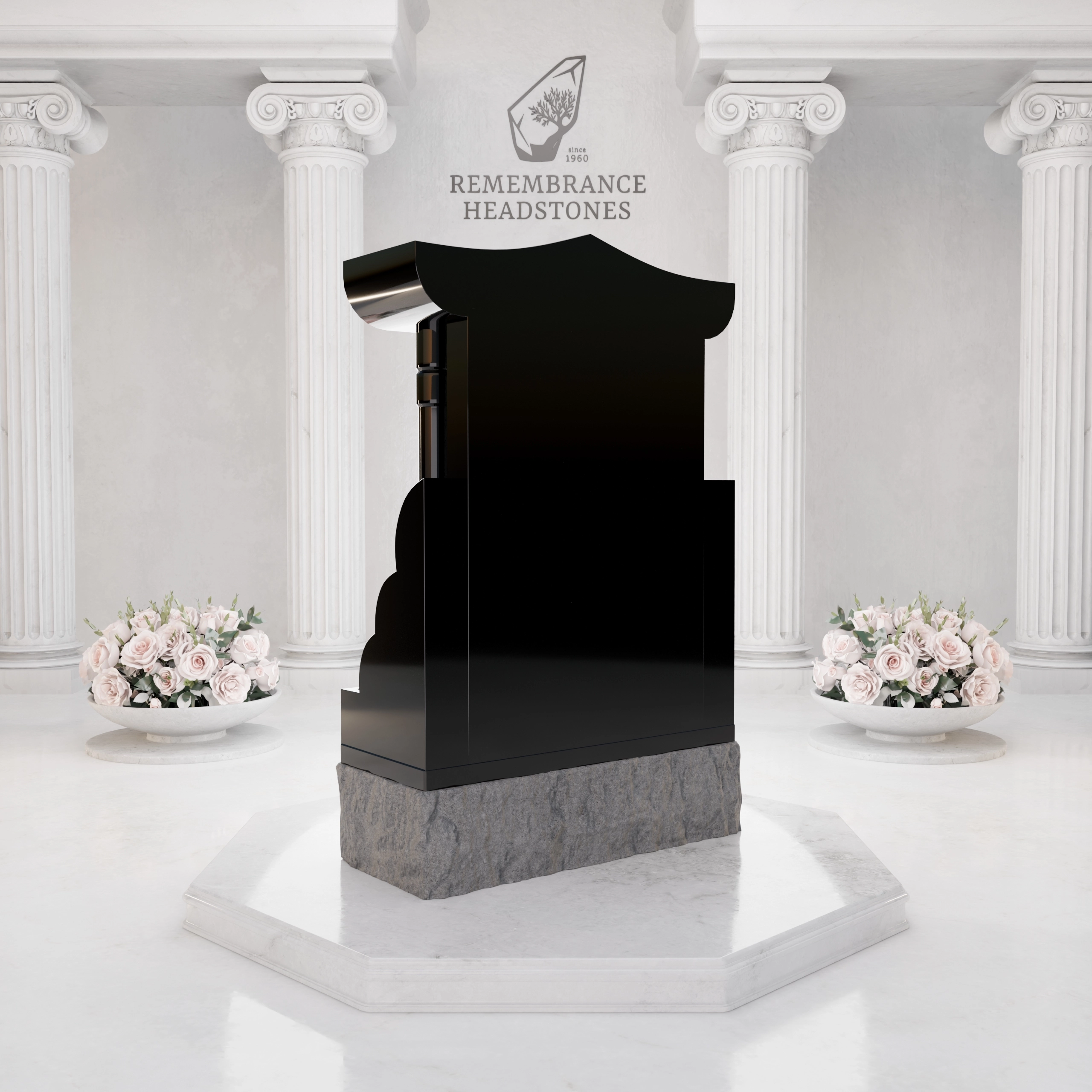 Lux Pagoda-Top Upright Granite Headstone with Columns & Shrine Niche view 5