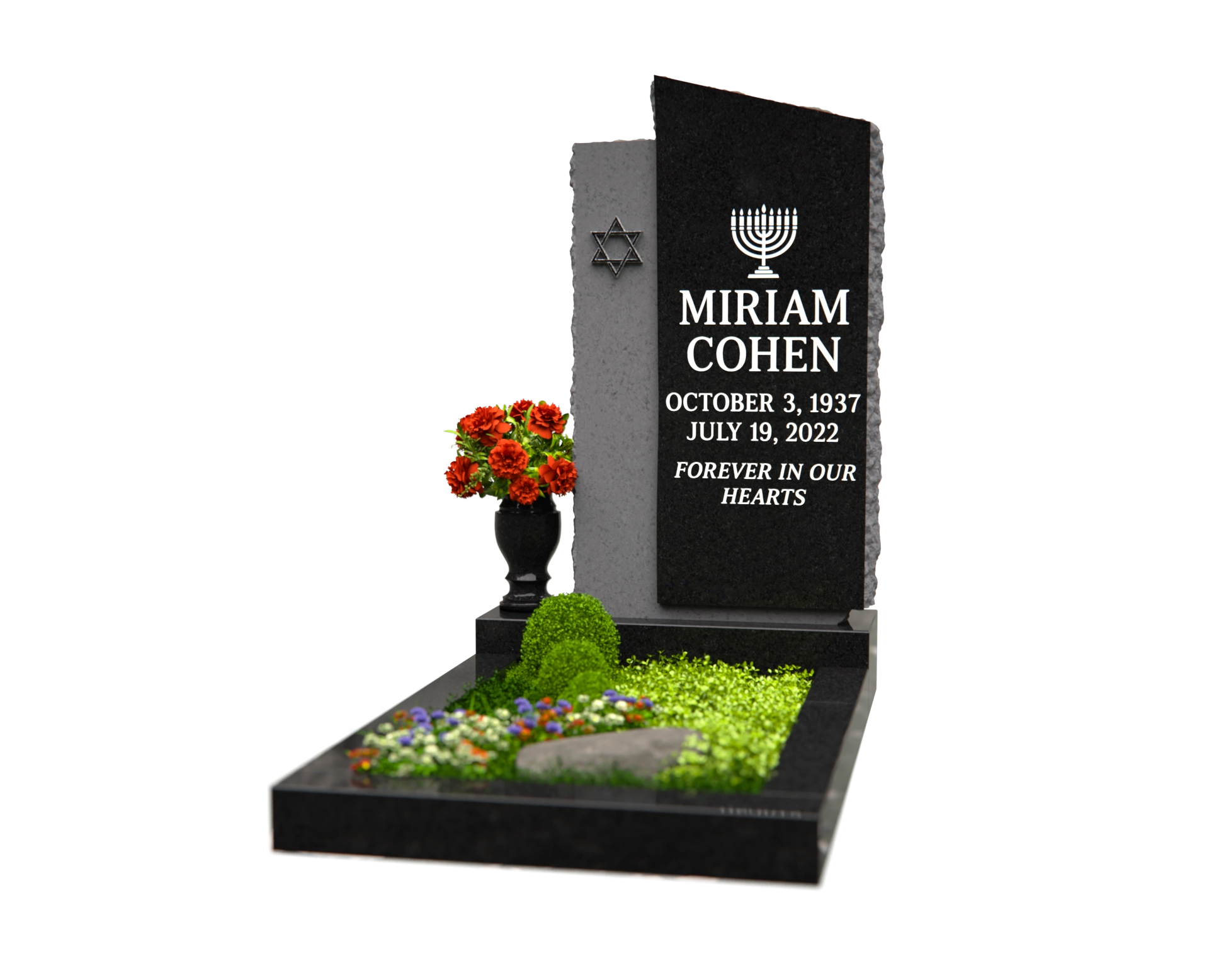 Luxury Upright Granite Headstone — Asymmetric Stele with Menorah & Star of David