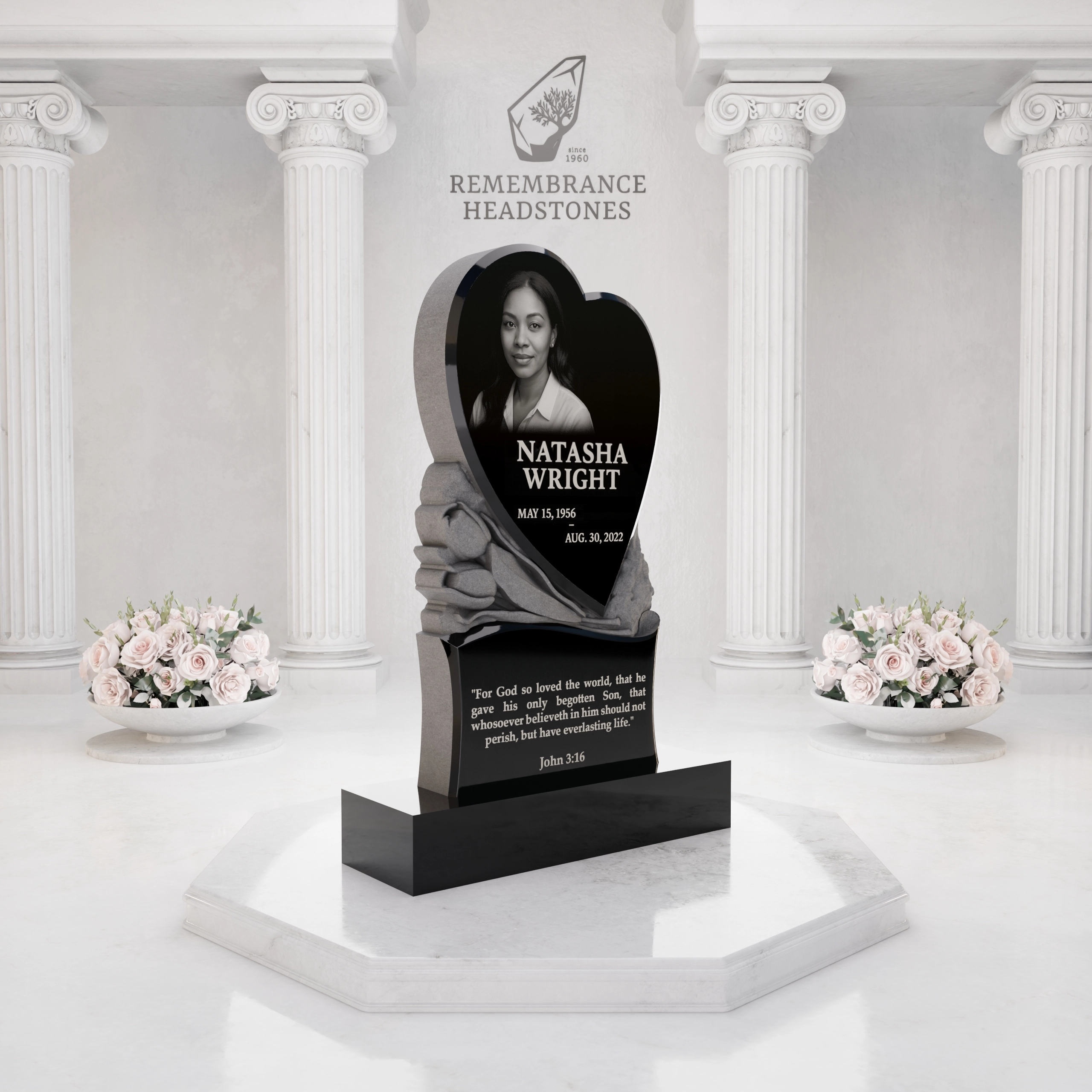 Premium Upright Granite Headstone — Sculpted Double-Heart on Draped Pedestal view 2