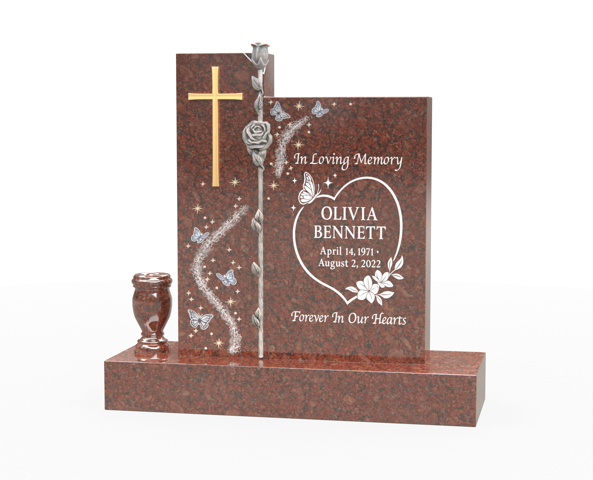 Luxury Upright Headstone with Cross, Rose Column & Heart Motif