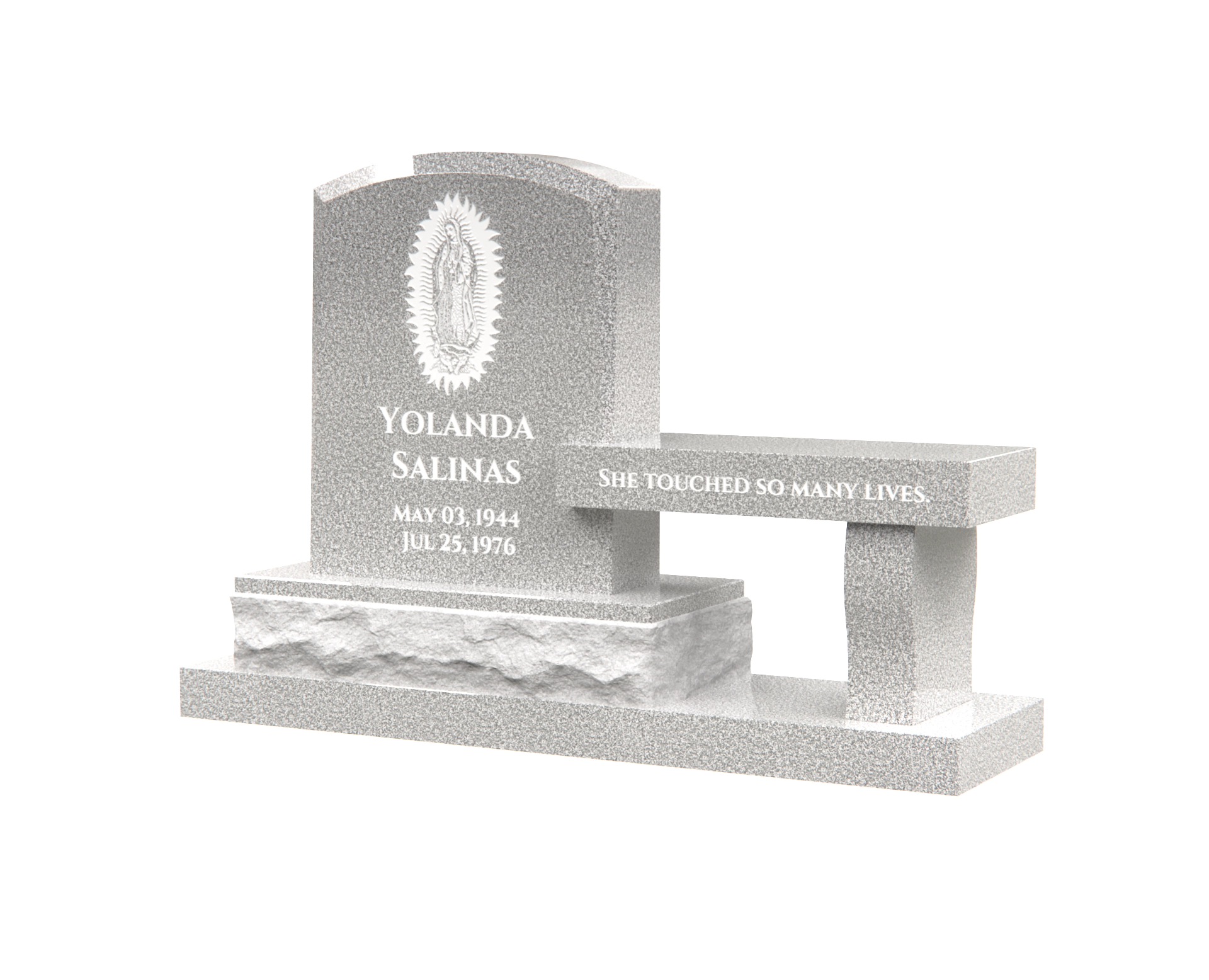 Lux Upright Headstone with Marian Emblem & Memorial Bench