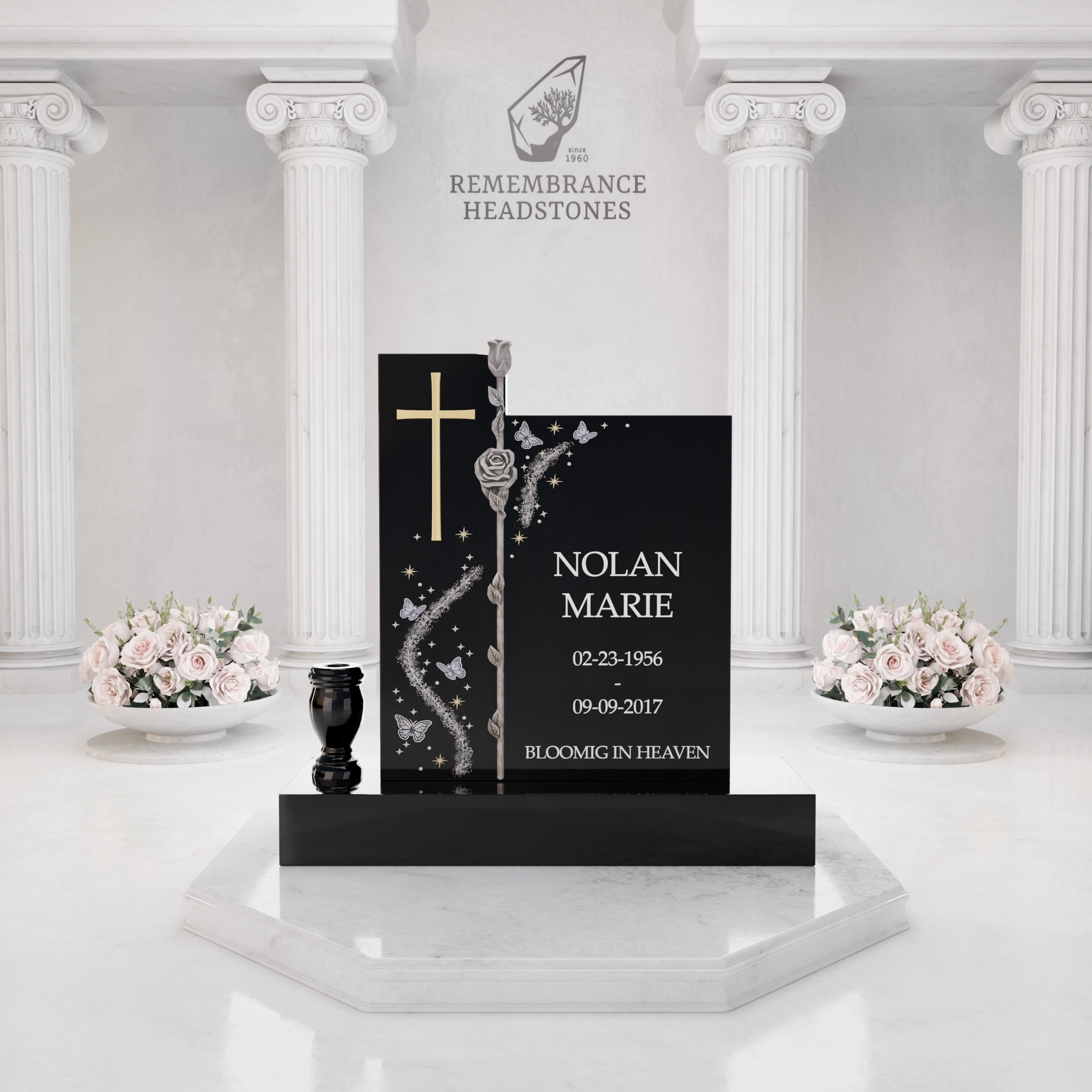 Luxury Upright Headstone with Cross, Rose Column & Heart Motif