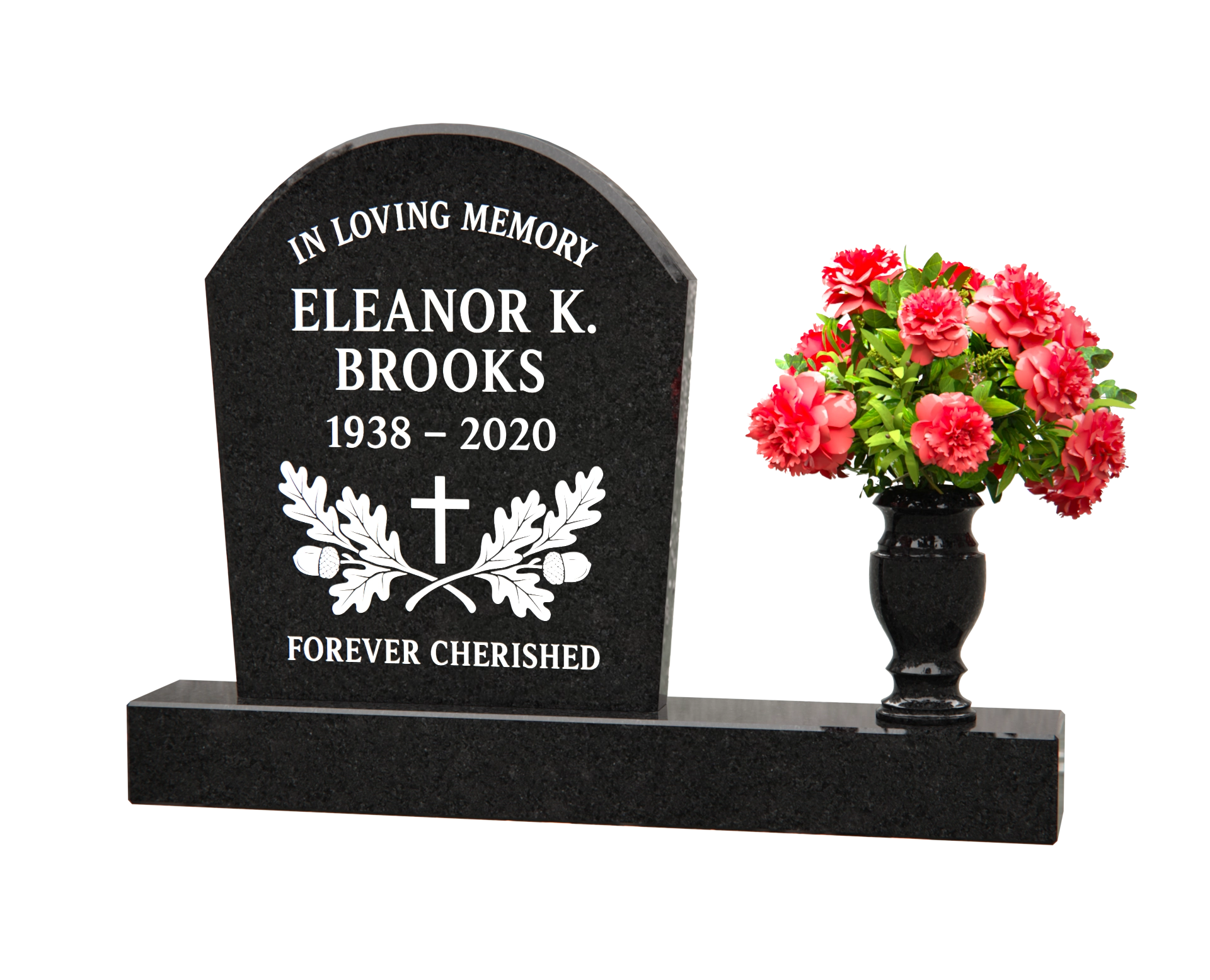 Premium Upright Granite Headstone – Arch Top, Cross & Oak Leaves