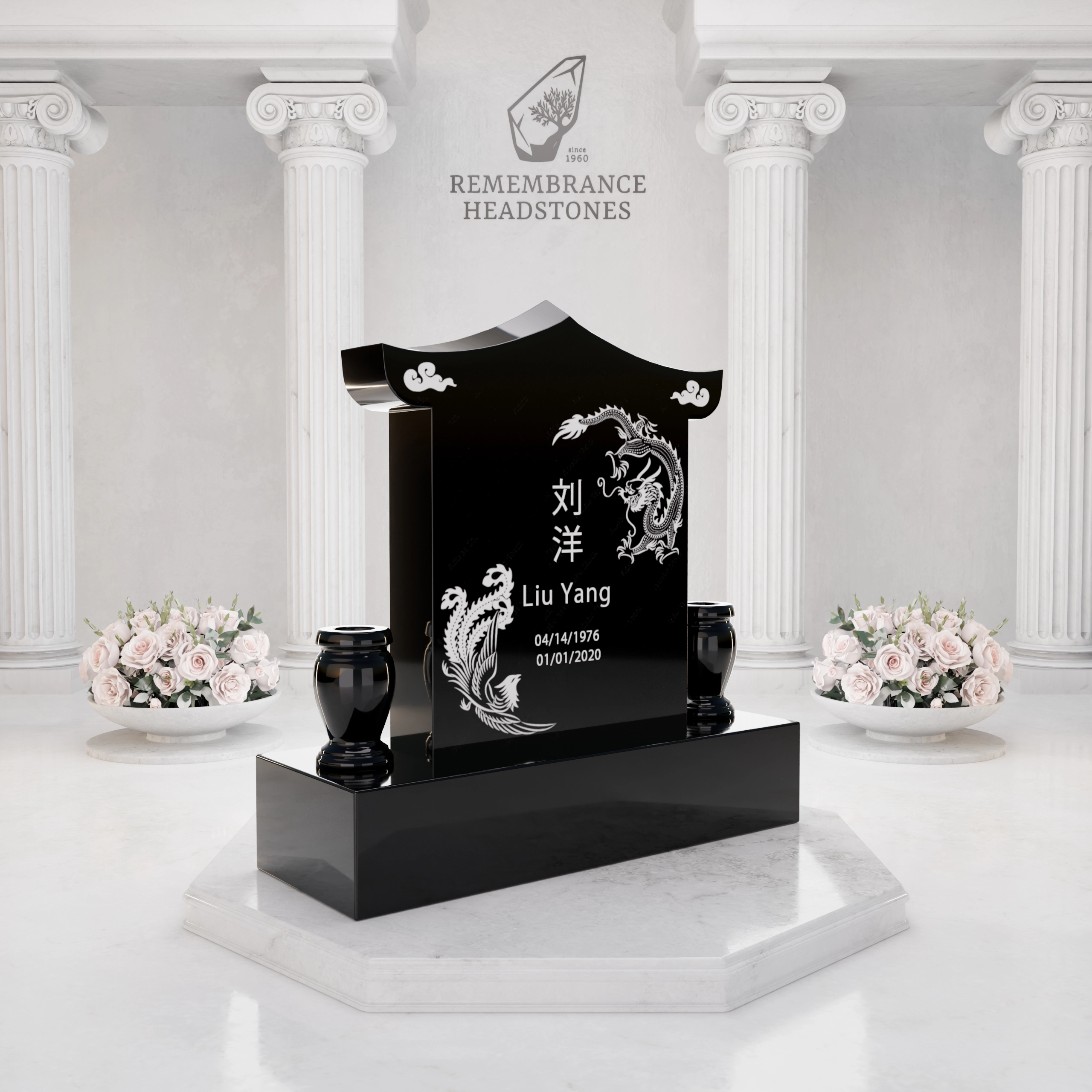 Lux Pagoda-Top Upright Granite Headstone with Phoenix & Lotus view 2