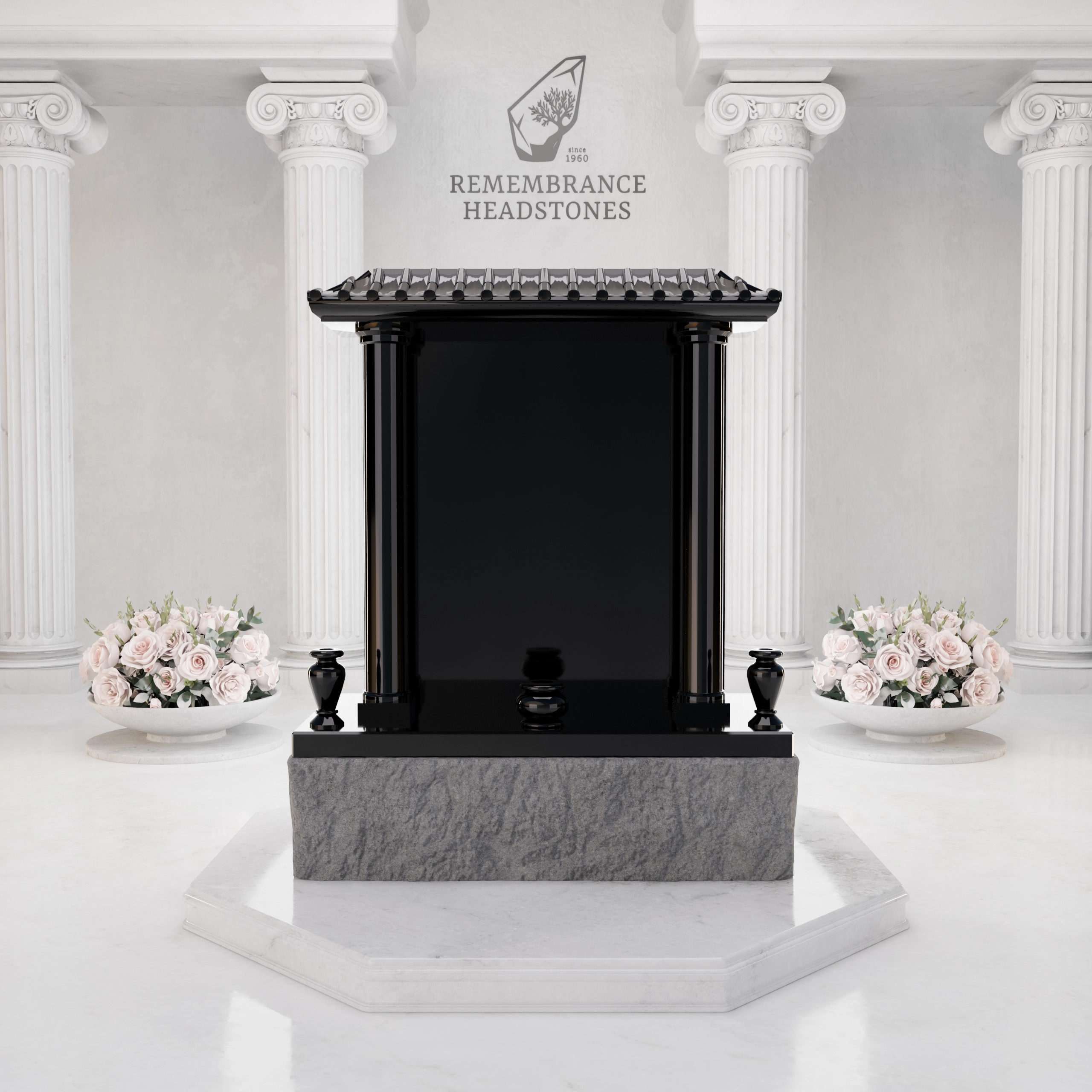 Lux Pagoda-Style Upright Granite Headstone with Columns, Crane & Blossoms view 3
