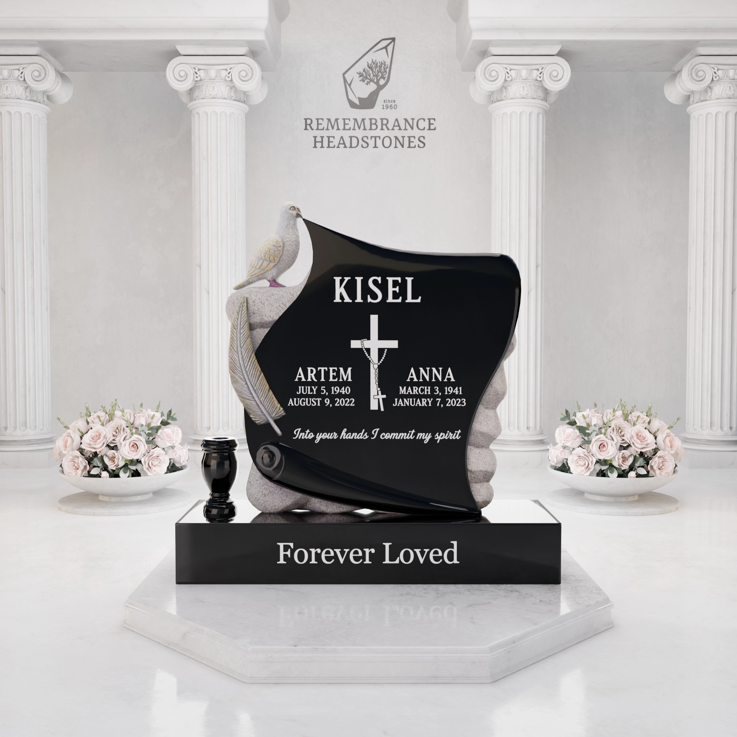Luxury Upright Granite Monument — Sculpted Scroll with Dove, Cross & Lilies