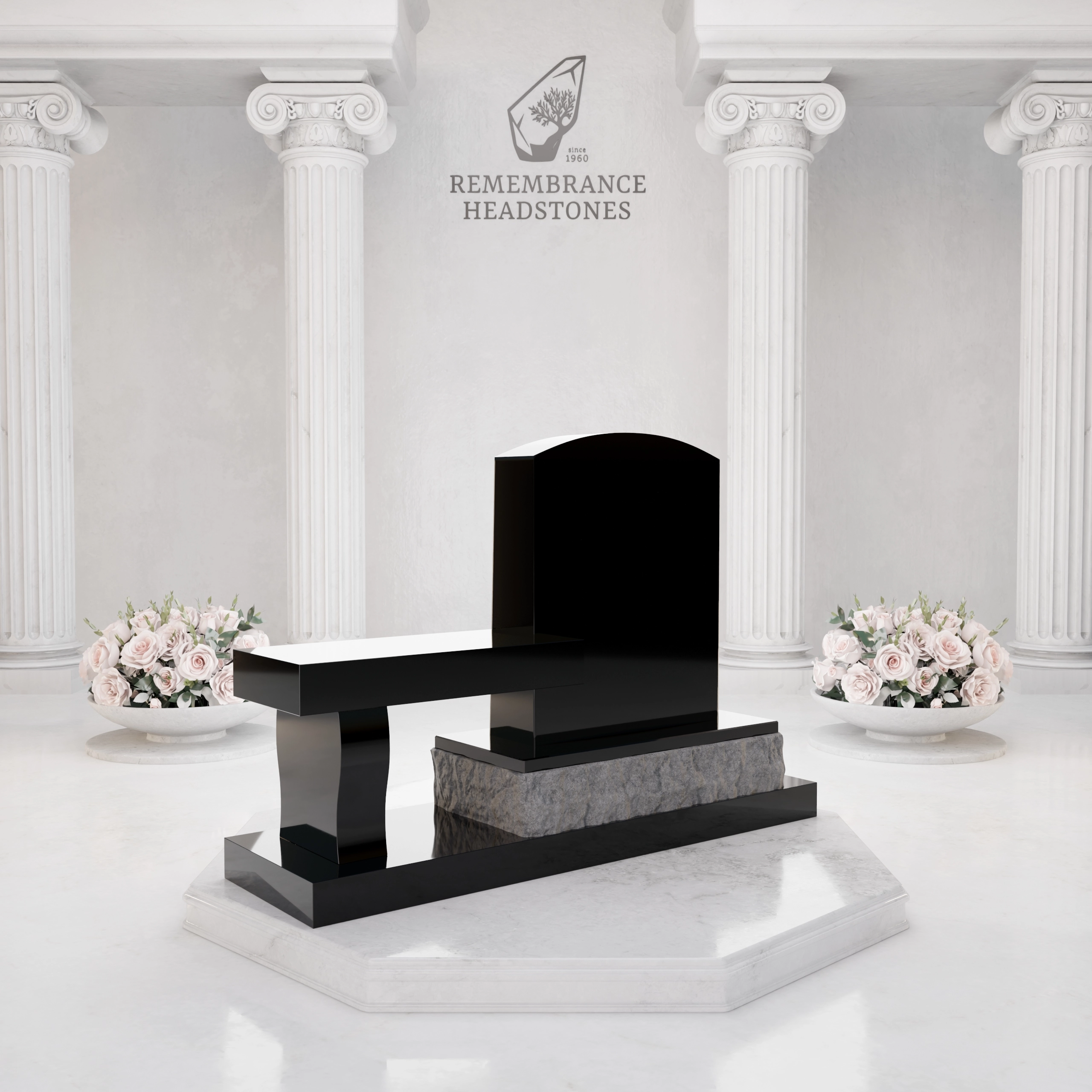 Lux Upright Headstone with Marian Emblem & Memorial Bench view 5