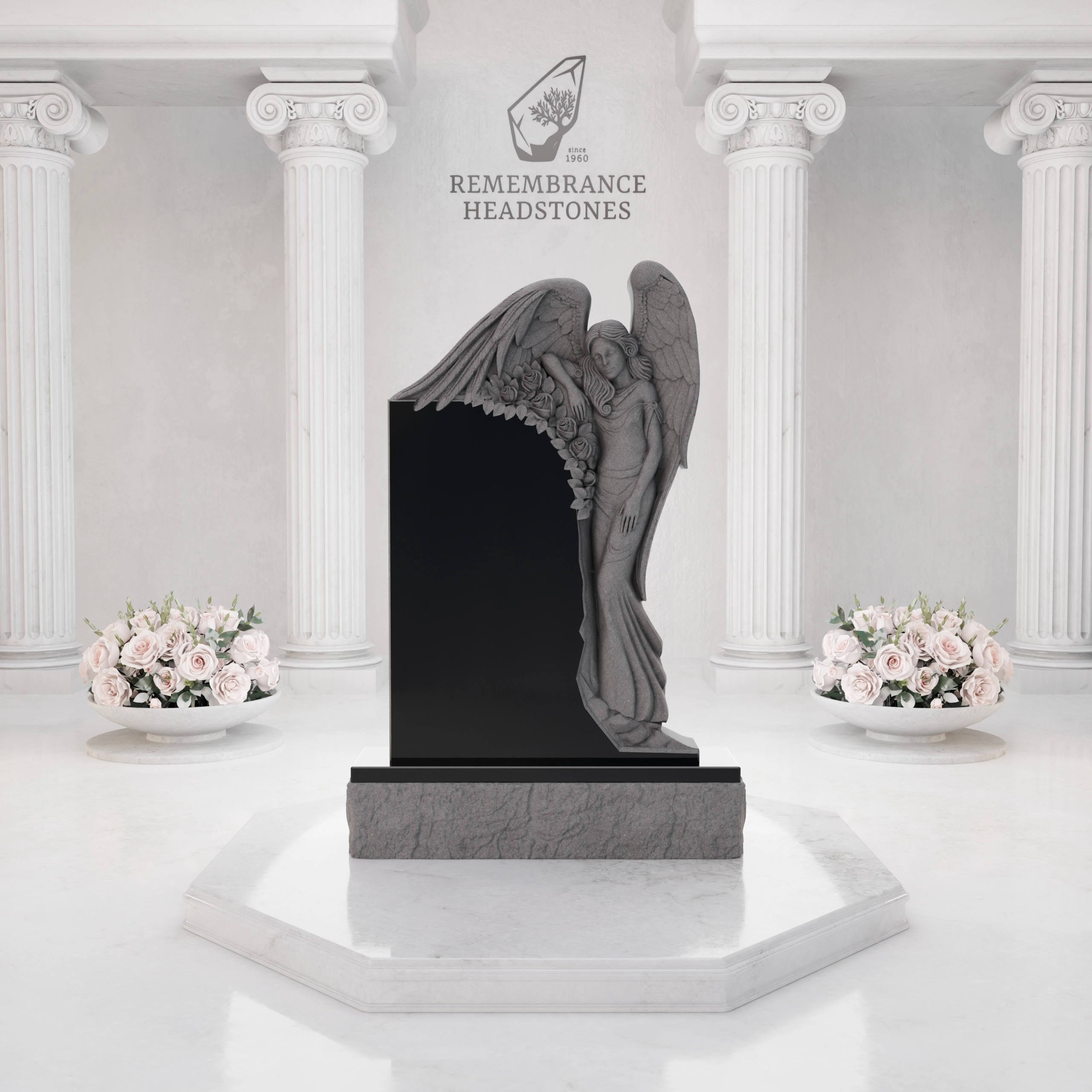 Luxury Upright Granite Monument — Guardian Angel Relief & Photo Cameo view 3