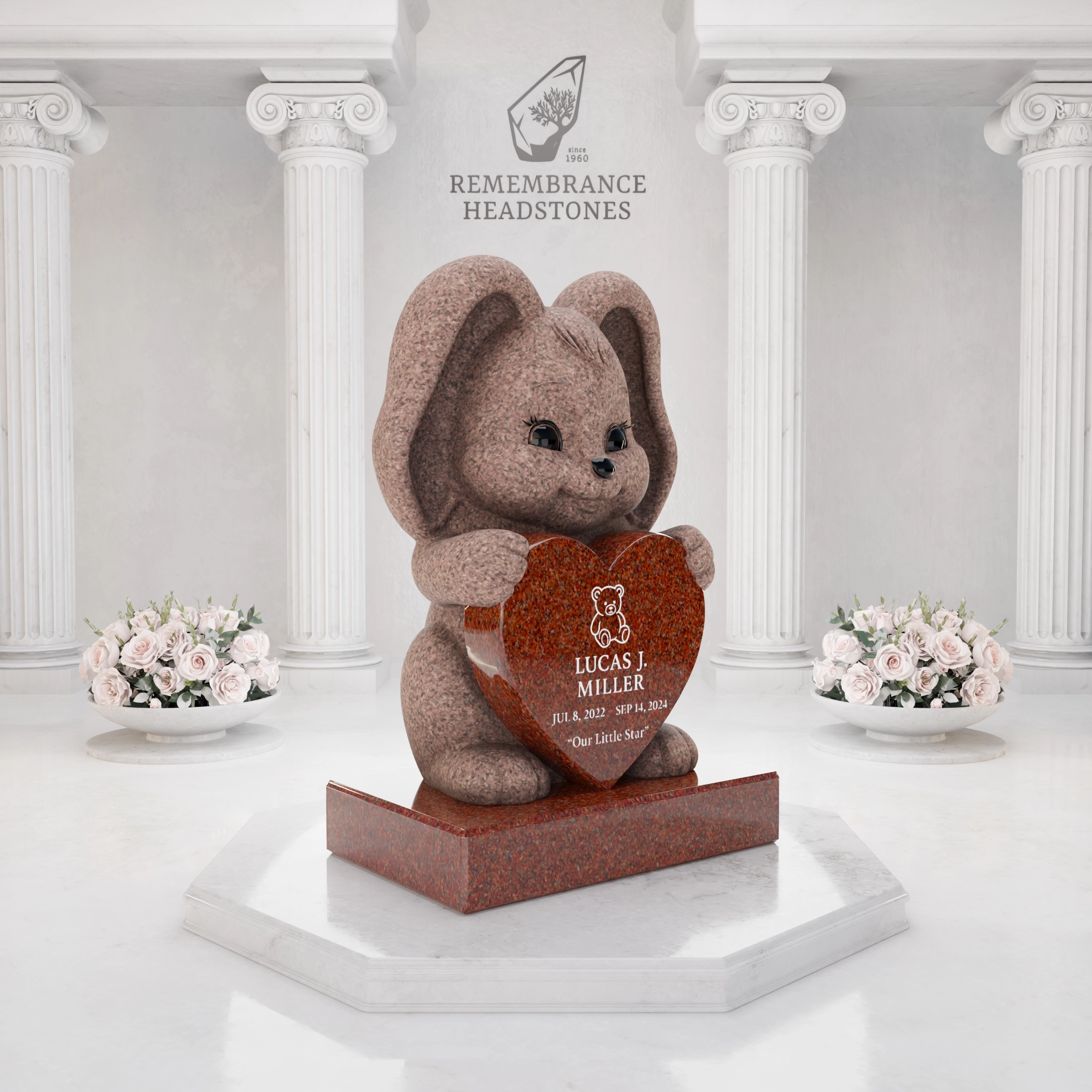 Luxury Bunny Child Granite Memorial with Heart Plaque view 2