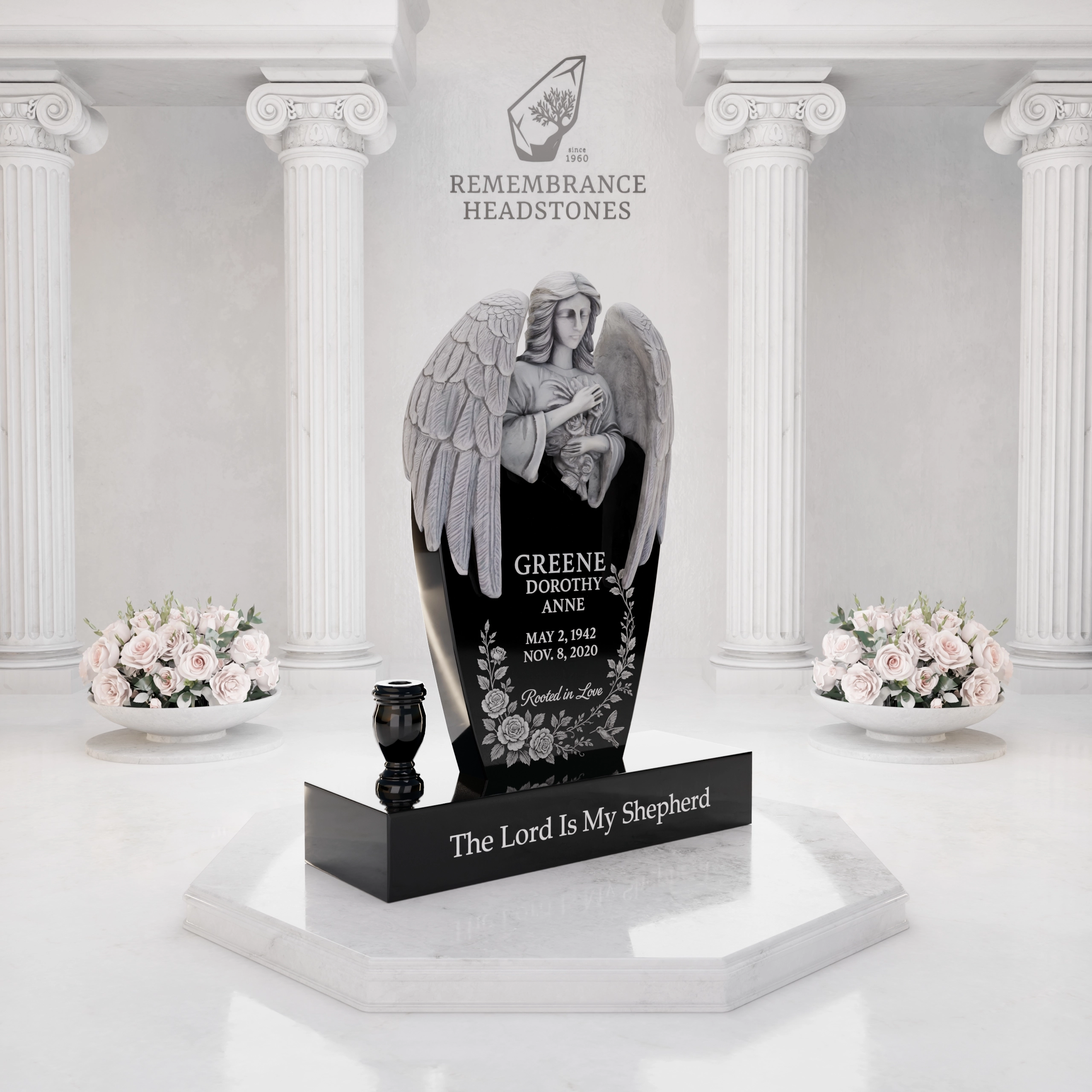 Luxury Upright Granite Headstone — Angel Embrace view 2
