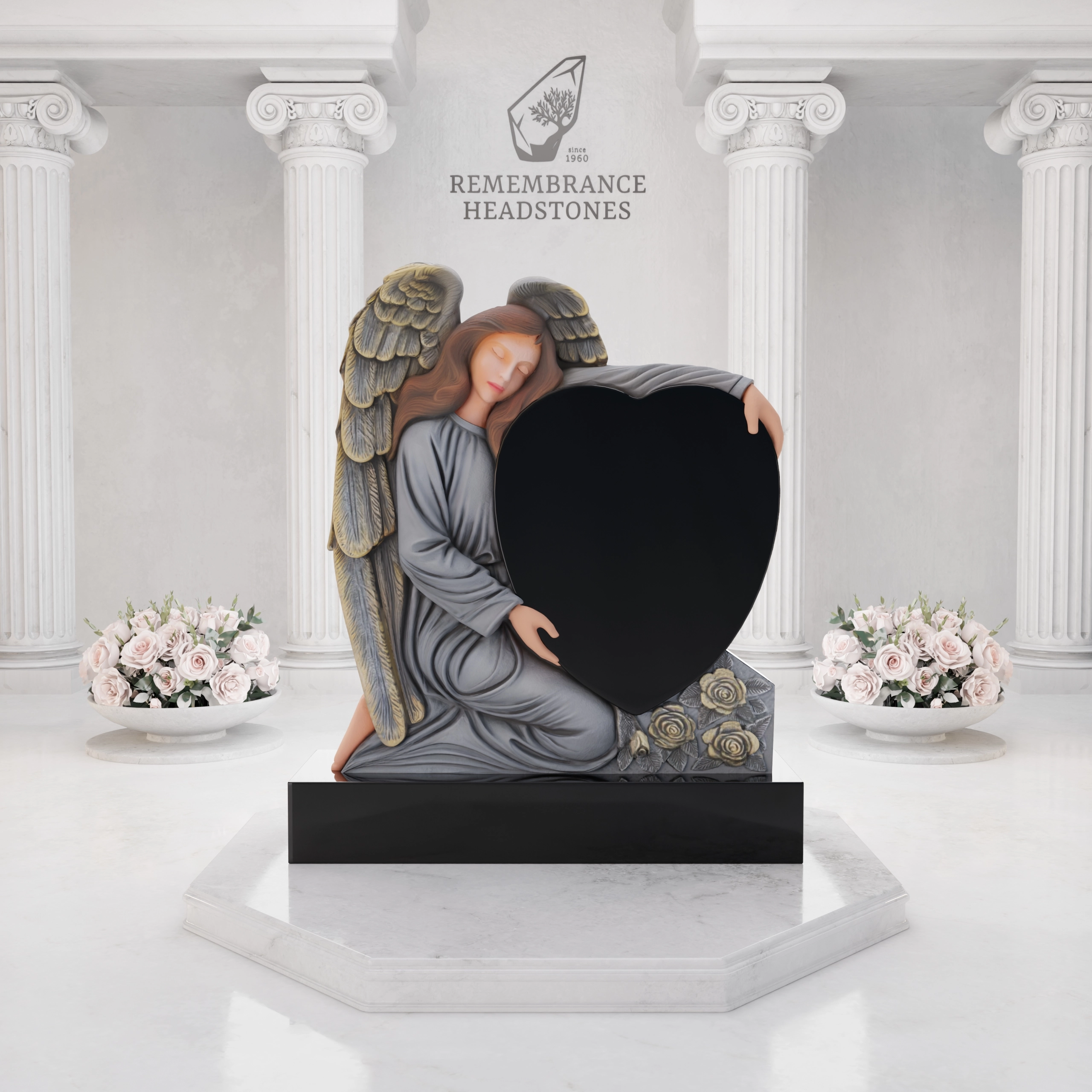 Luxury Guardian Angel Heart Memorial with Roses view 3