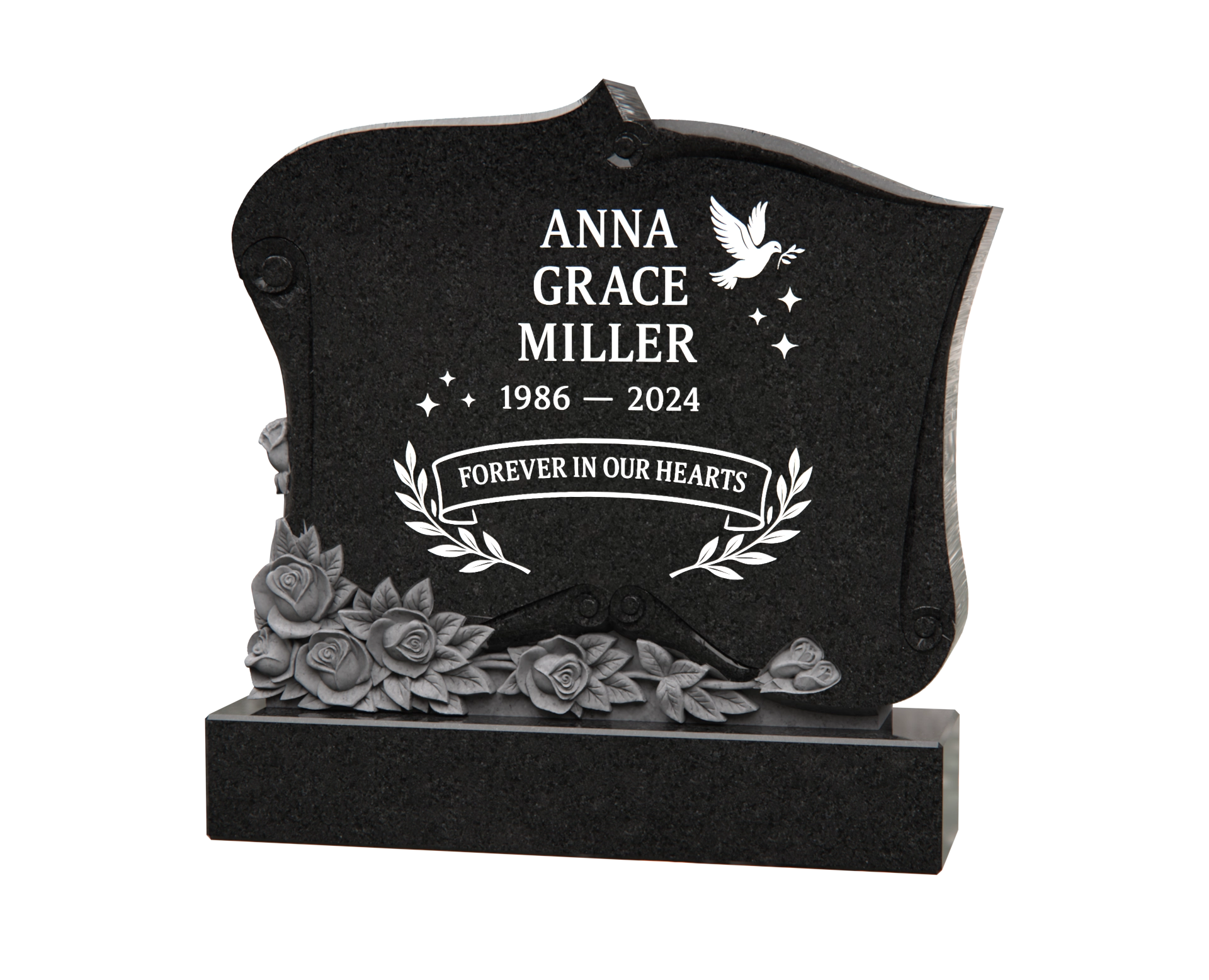 Luxury Upright Granite Headstone — Cartouche Tablet, Dove & Rose Garland