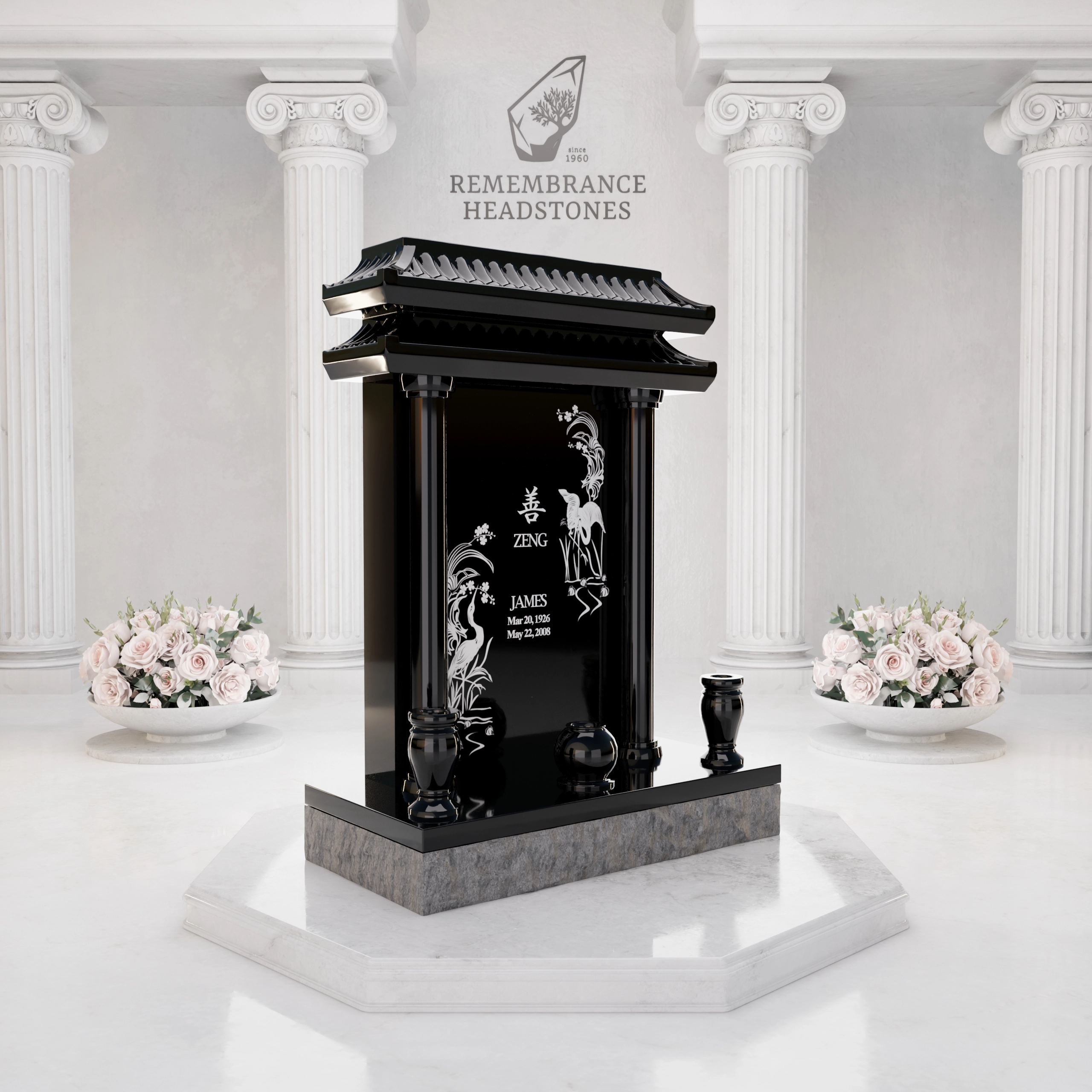 Luxury Asian Pavilion Granite Memorial with Crane Engravings view 2