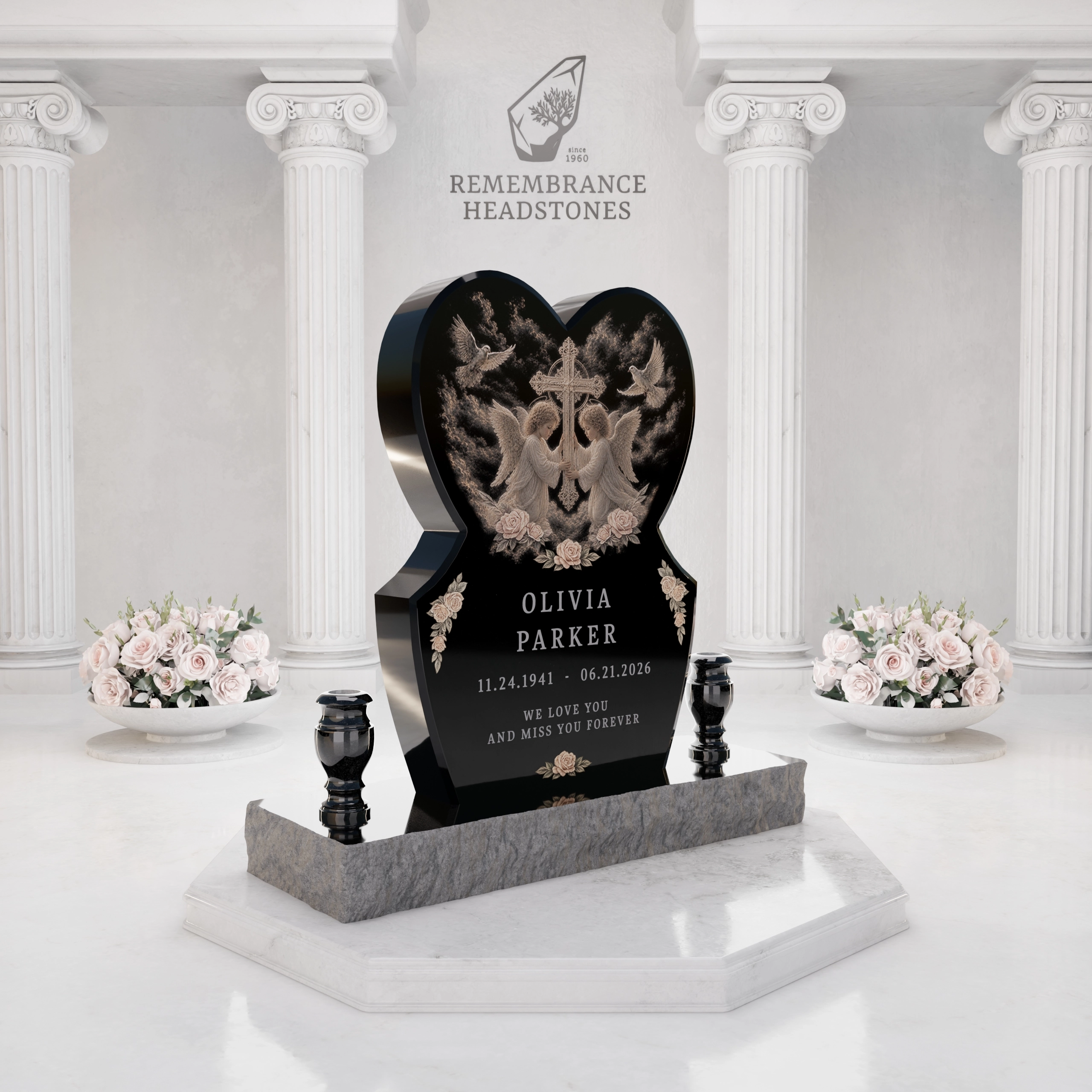 Luxury Eternal Heart Memorial with Angels, Cross & Doves view 2