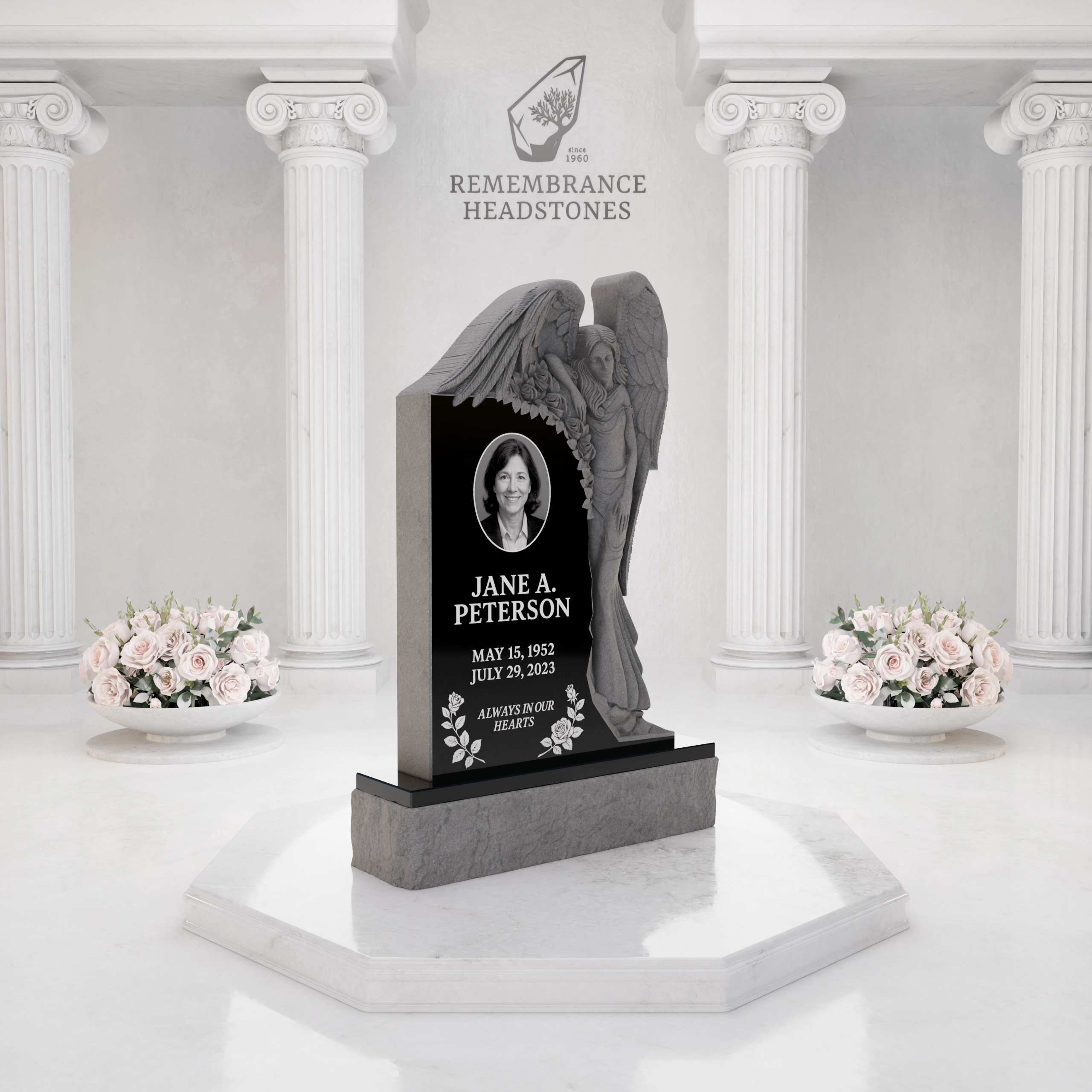 Luxury Upright Granite Monument — Guardian Angel Relief & Photo Cameo view 2