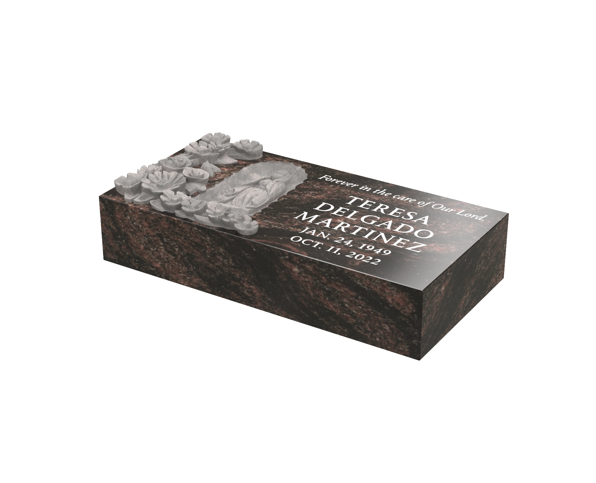 Premium Flat Granite Marker with Rock-Pitched Edge & Engraved Virgin Mary Motif