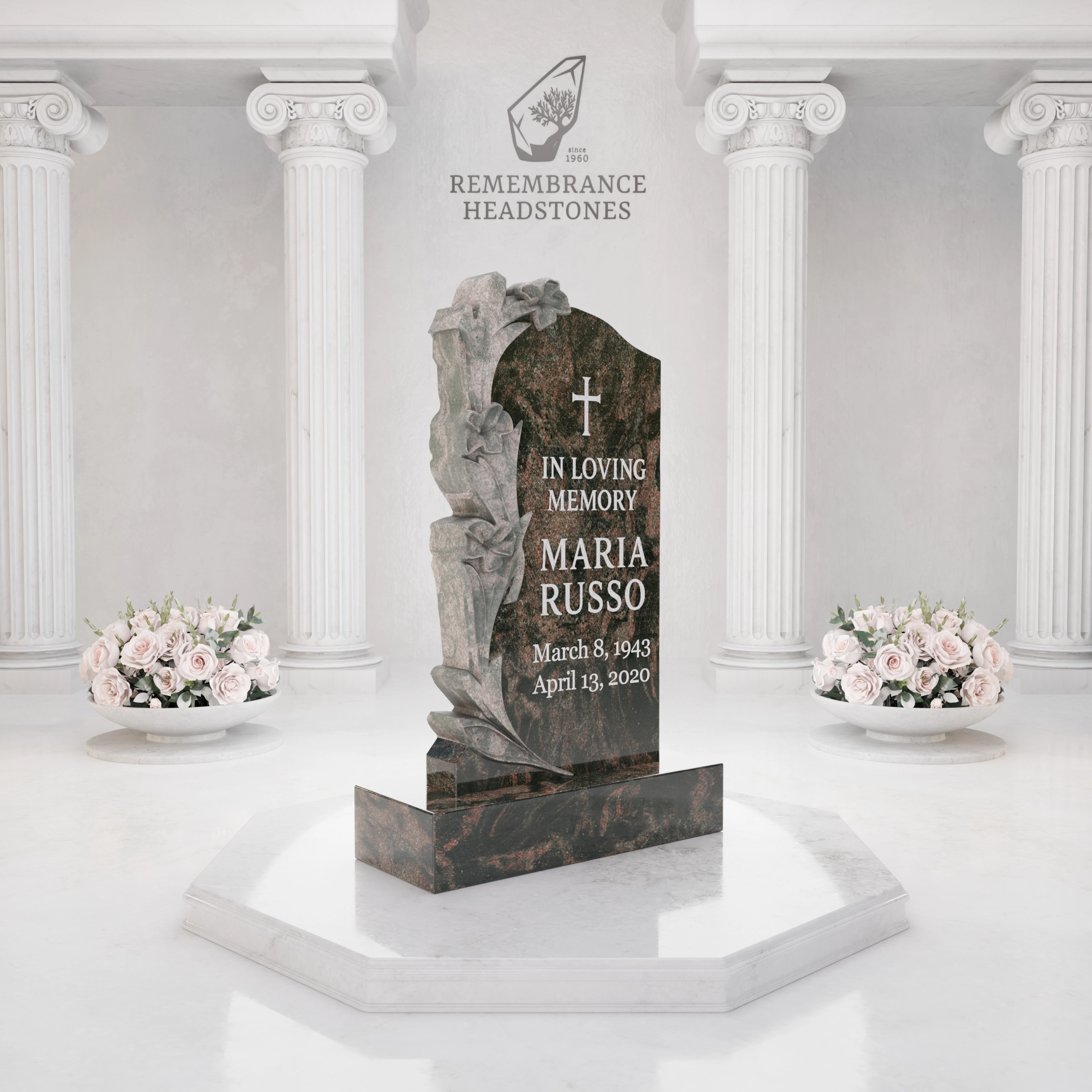 Luxury Lily Carved Granite Upright Headstone view 2